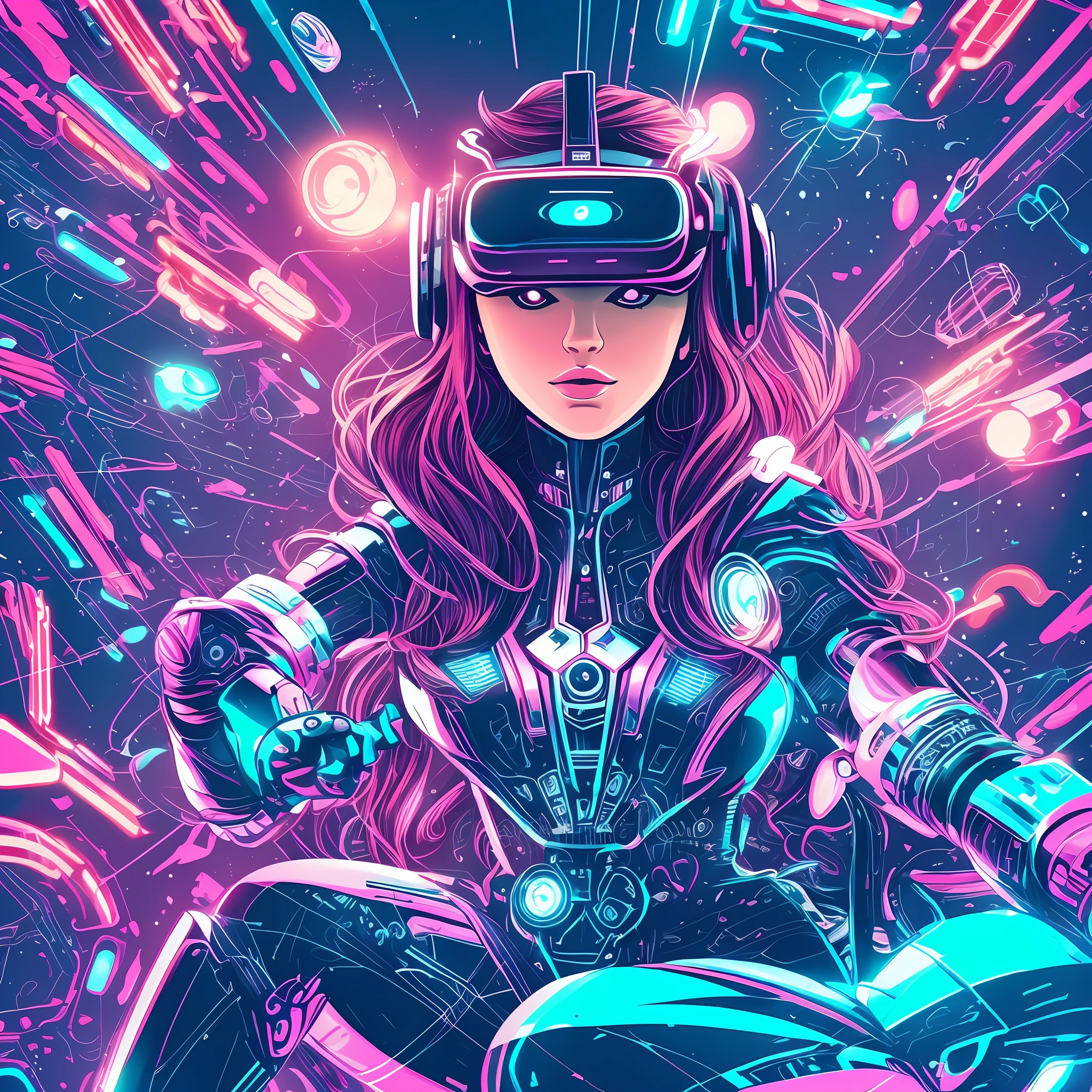 Create a digital art illustration of a cybernetic woman in a virtual reality setting. A mulher deve ter um visual futurista, with cybernetic hair and technological implants on your skin. The illustration should show the woman sitting in a virtual environment, com uma paisagem abstrata ao fundo e elementos de tecnologia flutuando ao redor. The virtual landscape can include geometric shapes and abstract patterns, bem como elementos de tecnologia, como circuitos, bright lights and robot heads. The cyber woman must be connected to a virtual reality device, como um headset, and your hands may be holding controls to interact with the virtual environment. O ambiente virtual deve parecer imersivo e envolvente, como se a mulher estivesse realmente dentro dele. The illustration may have a neon color palette, com tons brilhantes de azul, rosa e verde. A mulher deve parecer confiante e dominar o ambiente virtual, como se ela estivesse no controle completo. The illustration should evoke a sense of wonder and exploration in a world of advanced technology. --auto