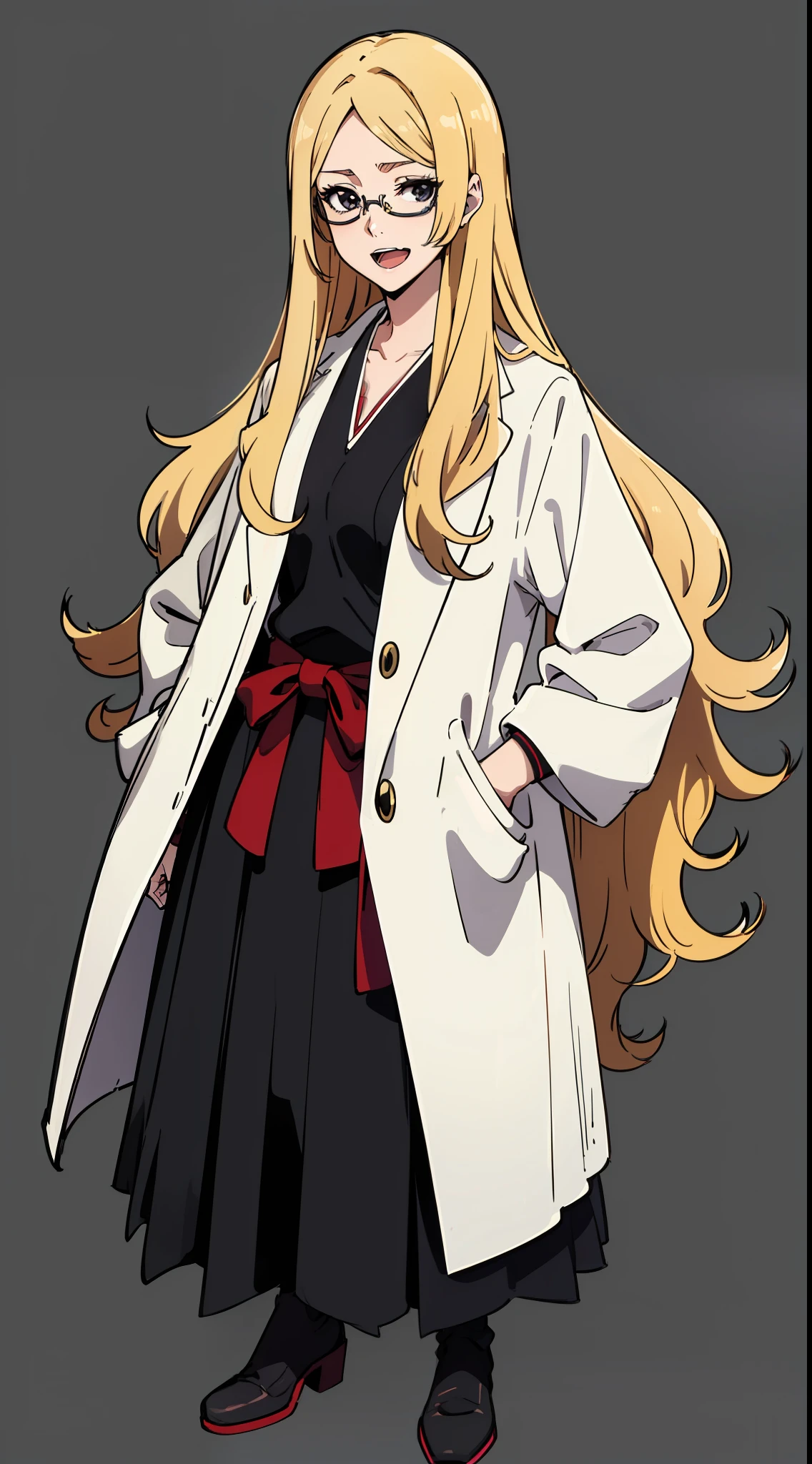 Big Tits. Anime Girls. Anime-style eyes. Setting picture. Perfect pupil. Solo. Highest Quality, Full body, It features a simple_Background,girl, Woman, Female, Young,20 years old, Long hair, flipped hair, Bangs, Blonde hair, messy long hair, emotionless eyes, tusk, Glasses, Black eyes、Smile with open mouth、Unkempt hair、fullllbody,