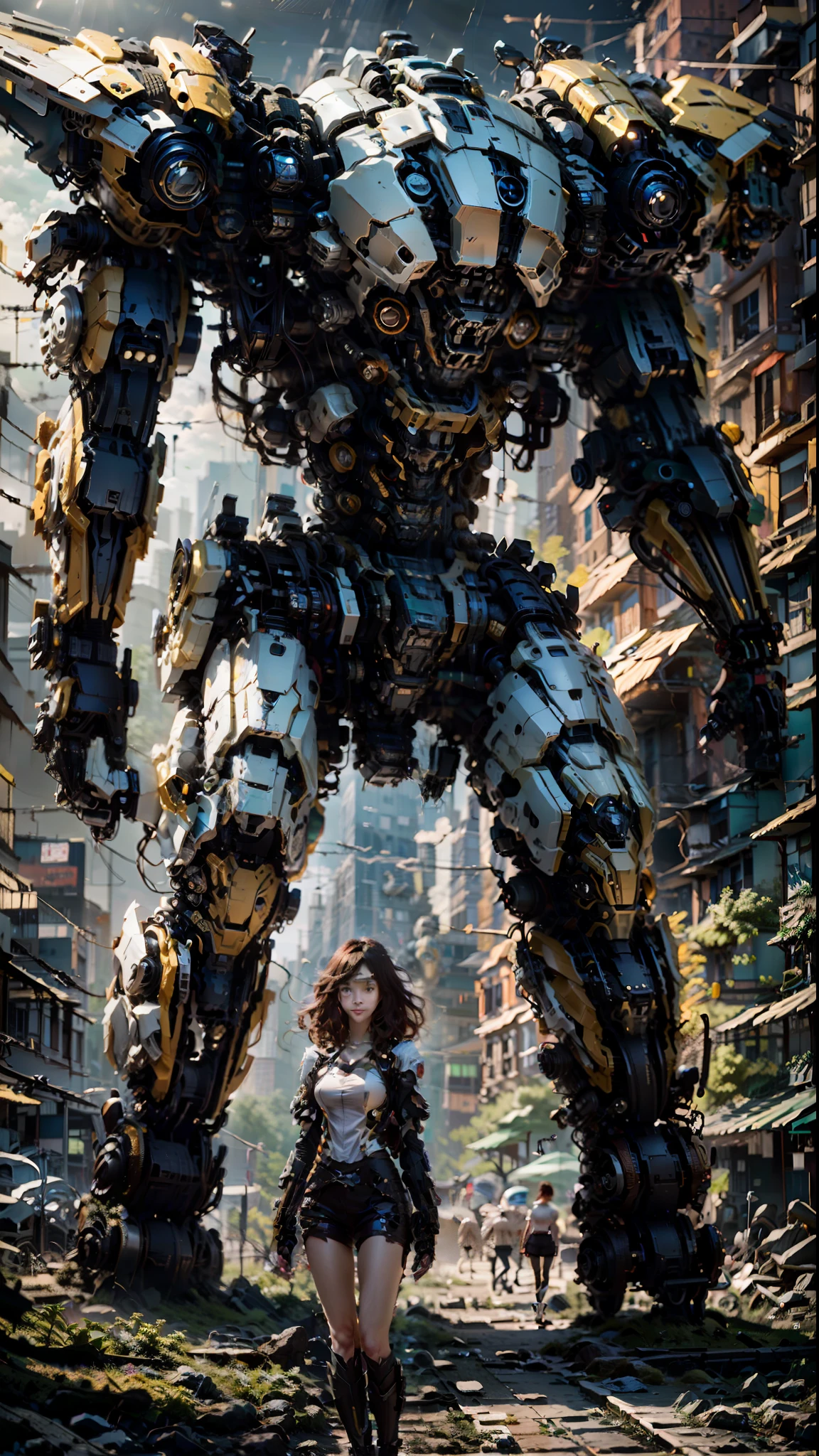 ((Best quality)), ((masterpiece)), (highly detailed:1.3), 3D,Shitu-mecha, beautiful cyberpunk women with her mecha in the ruins of city from a forgoten war, ancient technology,HDR (High Dynamic Range),Ray Tracing,NVIDIA RTX,Super-Resolution,Unreal 5,Subsurface scattering,PBR Texturing,Post-processing,Anisotropic Filtering,Depth-of-field,Maximum clarity and sharpness,Multi-layered textures,Albedo and Specular maps,Surface shading,Accurate simulation of light-material interaction,Perfect proportions,Octane Render,Two-tone lighting,Low ISO,White balance,Rule of thirds,Wide aperature,8K RAW,Efficient Sub-Pixel,sub-pixel convolution,luminescent particles,light scattering,Tyndall effect