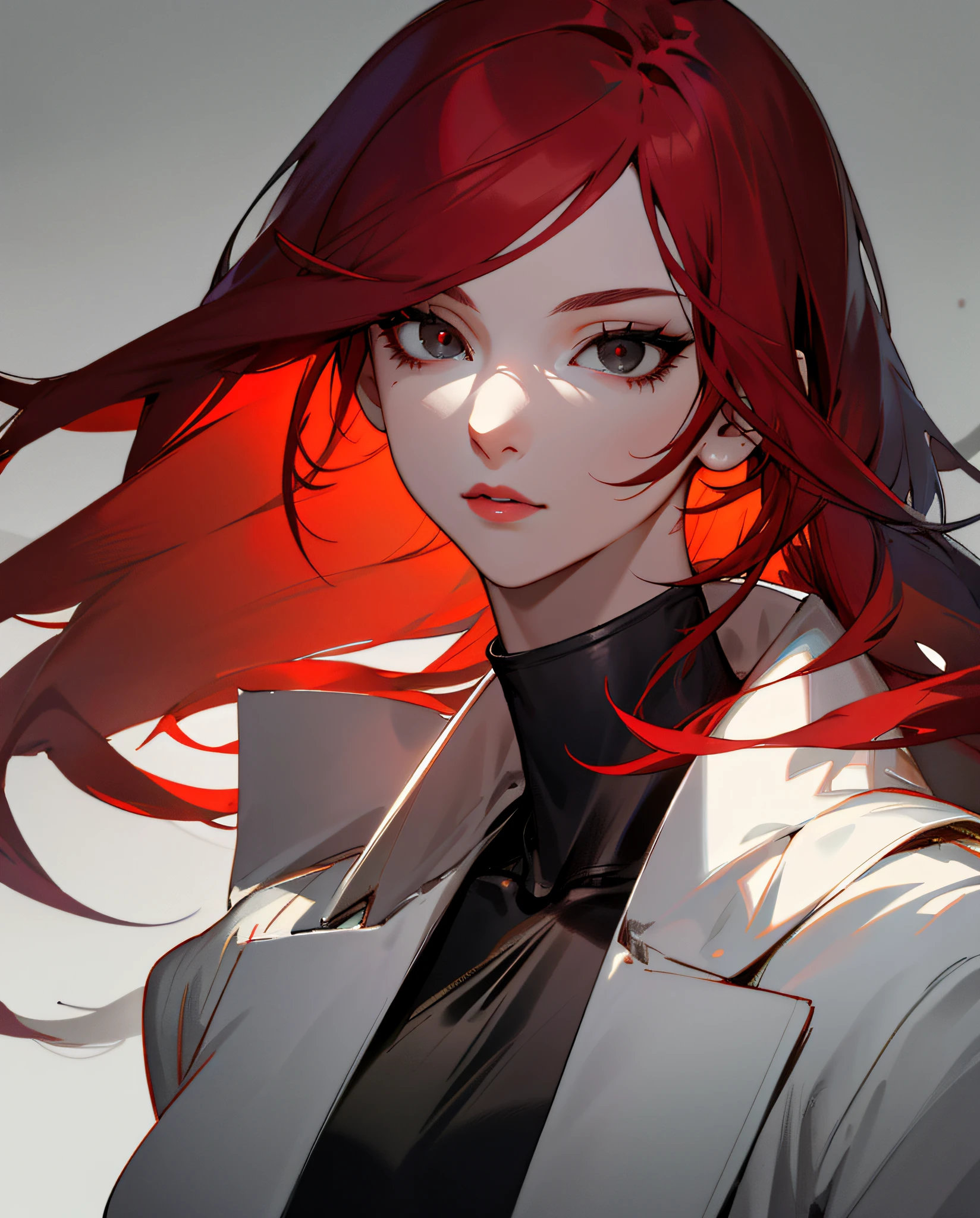 (Detailed Lights, Detailed Shadows), 1Woman, Red Hair, White Coat, ((Detailed Eyes)), Close-up, Portrait, (Black Eyes), Extremely Detailed Clothes, ((Modern Clothes)), Beautiful Hair, Muscular, Hair Down, Extremely Detailed Background, Beautiful Background
