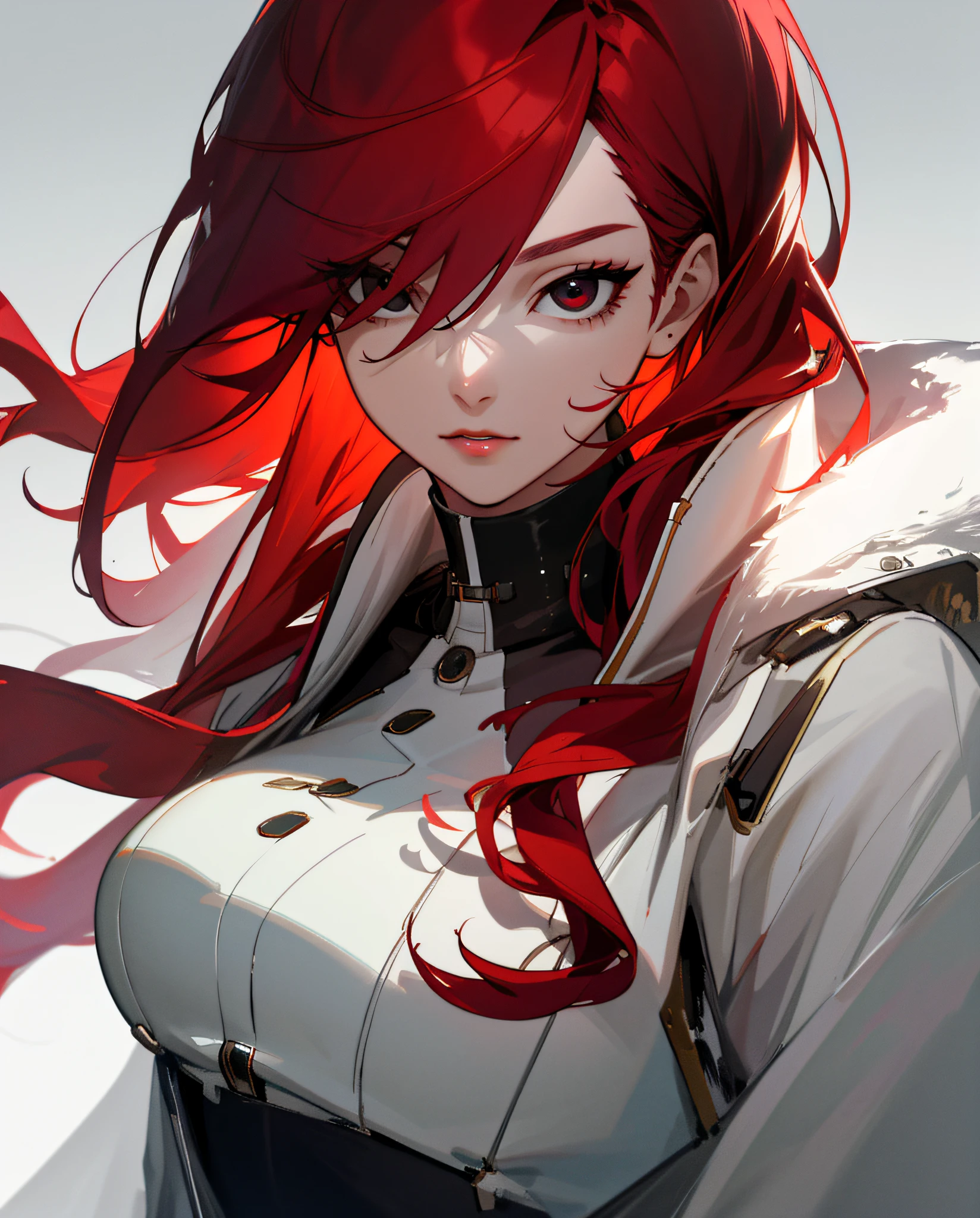 (Detailed Lights, Detailed Shadows), 1Woman, Red Hair, White Coat, ((Detailed Eyes)), Close-up, Portrait, (Black Eyes), Extremely Detailed Clothes, ((Modern Clothes)), Beautiful Hair, Muscular, Hair Down, Extremely Detailed Background, Beautiful Background