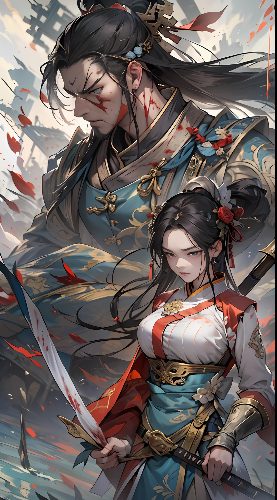 Qiong Xiong suggests giving up peace talks and retreating to claim the exclusive spirit spring, but Yuan Jie refuses this proposal. They argue fiercely on the battlefield, with serious expressions and determined eyes, a war-torn battlefield and flowing blood in the background, , 32k, best quality, masterpiece, super detail, high details,
