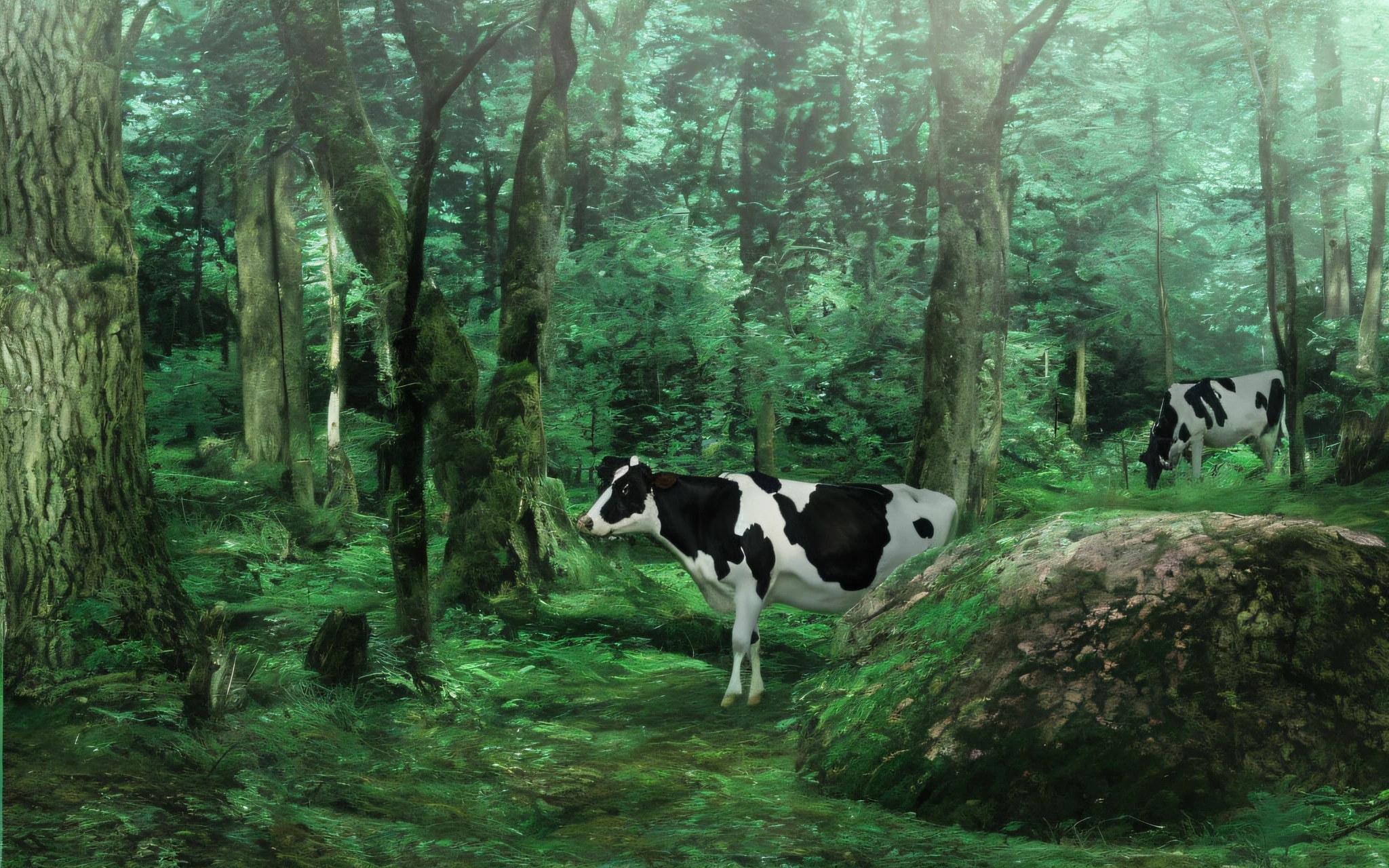 There were two cows standing together in the woods, anime lush john 8k woods, Irish Forest, Lush idyllic scenery, in deep forest, in a woodland glade, portrait of forest gog, In a dense forest, In a deep forest, magical forest backround, in a forest clearing, in deep forest, In the deep forest