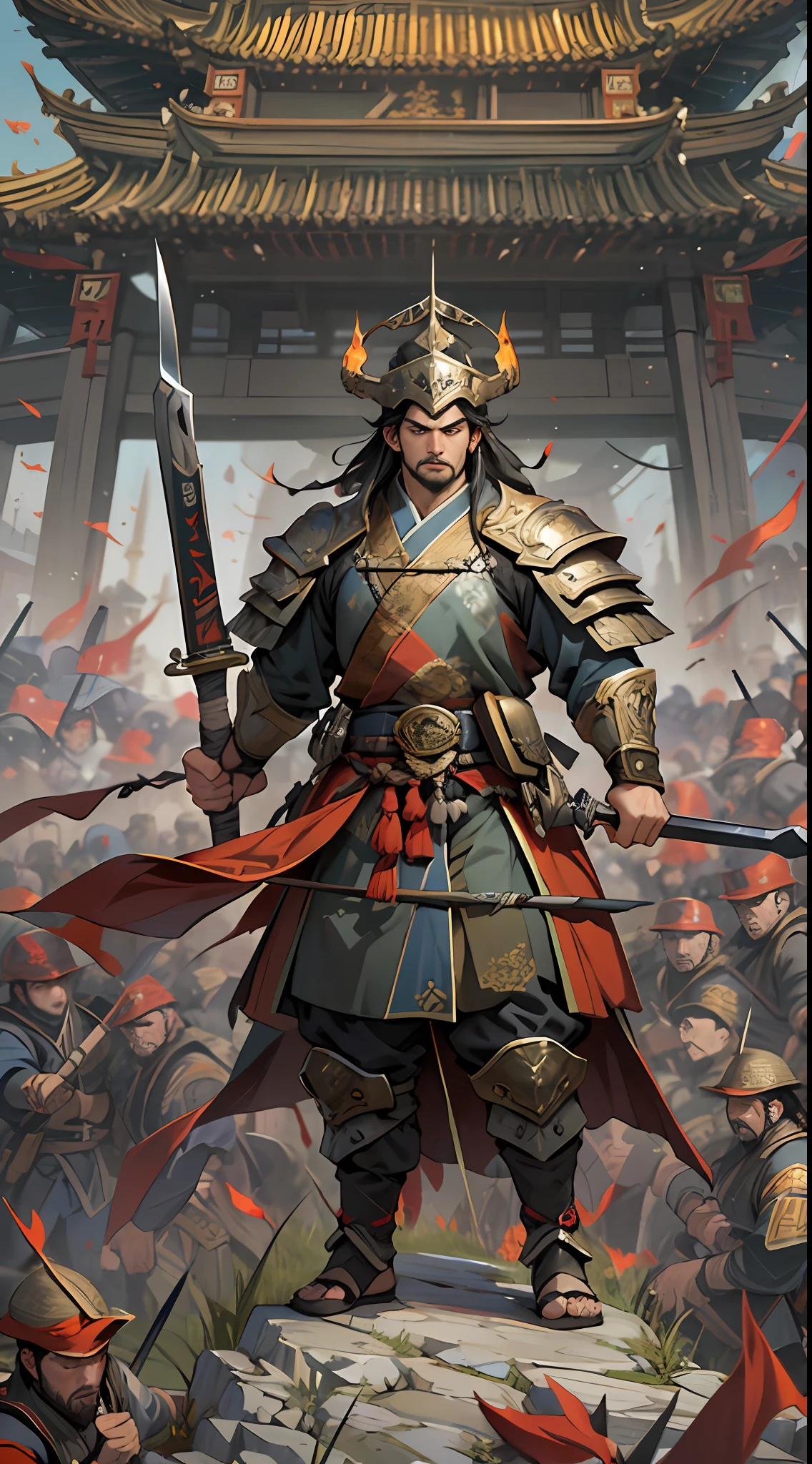 A fierce battle is about to break out between the two sides, with Li Gu standing on a high ground, wielding his weapon, soldiers of various ranks following closely behind, waiting for Li Gu's command, tense atmosphere on the battlefield, , 32k, best quality, masterpiece, super detail, high details,