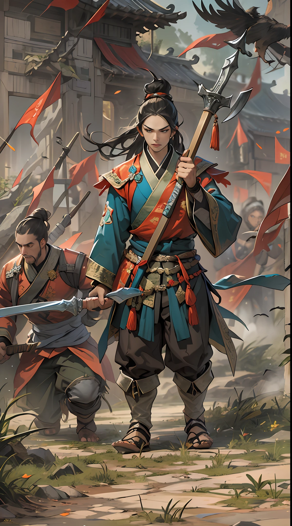 A fierce battle is about to break out between the two sides, with Li Gu standing on a high ground, wielding his weapon, soldiers of various ranks following closely behind, waiting for Li Gu's command, tense atmosphere on the battlefield, , 32k, best quality, masterpiece, super detail, high details,