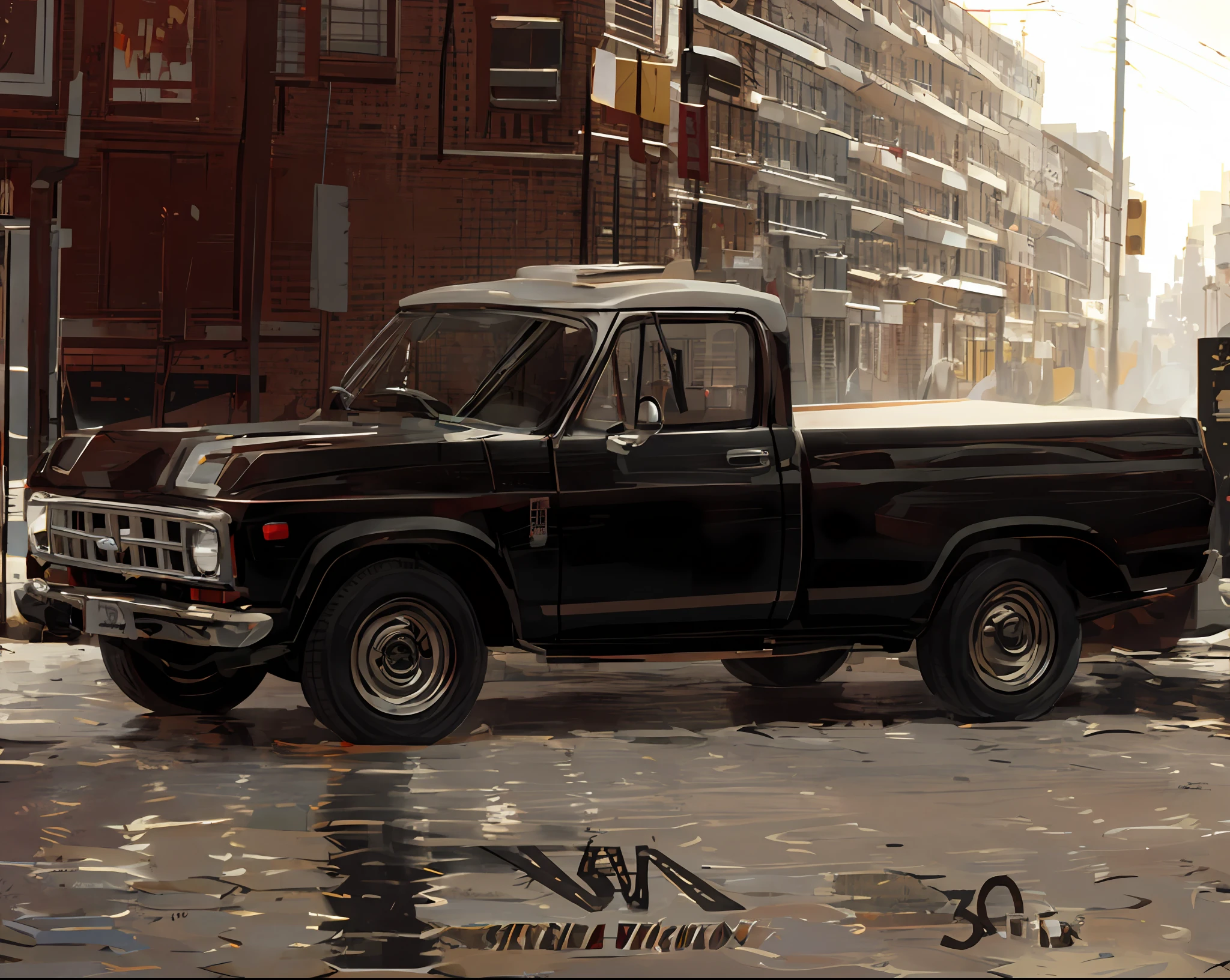 There's a red truck parked in front of a building, Cheverlot K20 C10 (1985) •, insanamente detalhado c 10.0, vibrante - c 10, Greg Rutkowski - C 1 0, c 10.0, A beautiful detailed orisha, Restomod, por Veno Pilon, nostalgic 8k, fotorrealista, ultra-detalhado, day lighting,