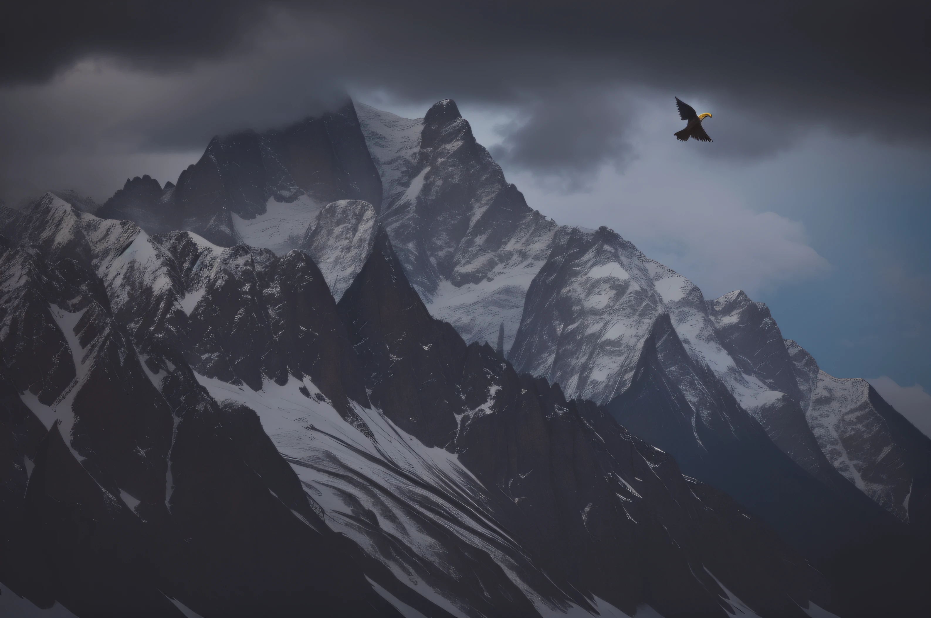 realisticlying,An eagle soars into the sky,Snowy mountains under cloudy sky, dramatic mountain background, dark mountains, ice mountain, dramatic mountains behind, High hills, dramatic mountains in background, mountain scene, icy mountains in the background, author:Matthias Wescher, Dark Mountain, Dramatic moody cold landscape, snowy craggy sharp mountains, dramatic scenery, epic mountains, snow capped mountains,