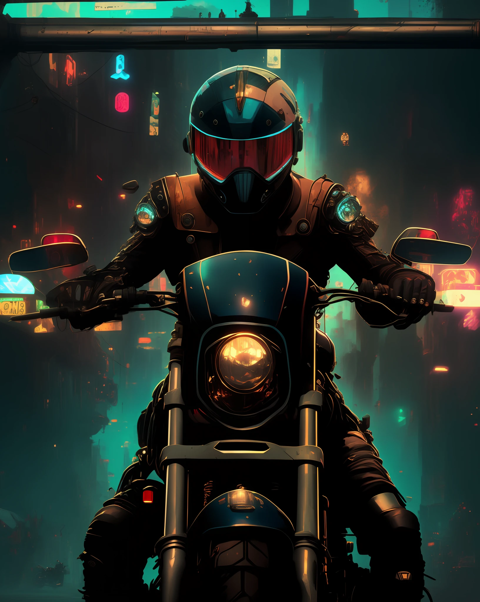 At night in the city there is a man on a motorcycle, sitting on cyberpunk motorbike, dan munford. 8 k octane render, dan munford. rendering by octane, motorcycle concept art, riding a futuristic motorcycle, Hyper-realistic cyberpunk style, Cyberpunk art style, Cyberpunk Style , Hyperrealistic, dark cyberpunk illustration, cyberpunk digital painting, detailed cyberpunk illustration, cyberpunk illustration, cyberpunk hero
