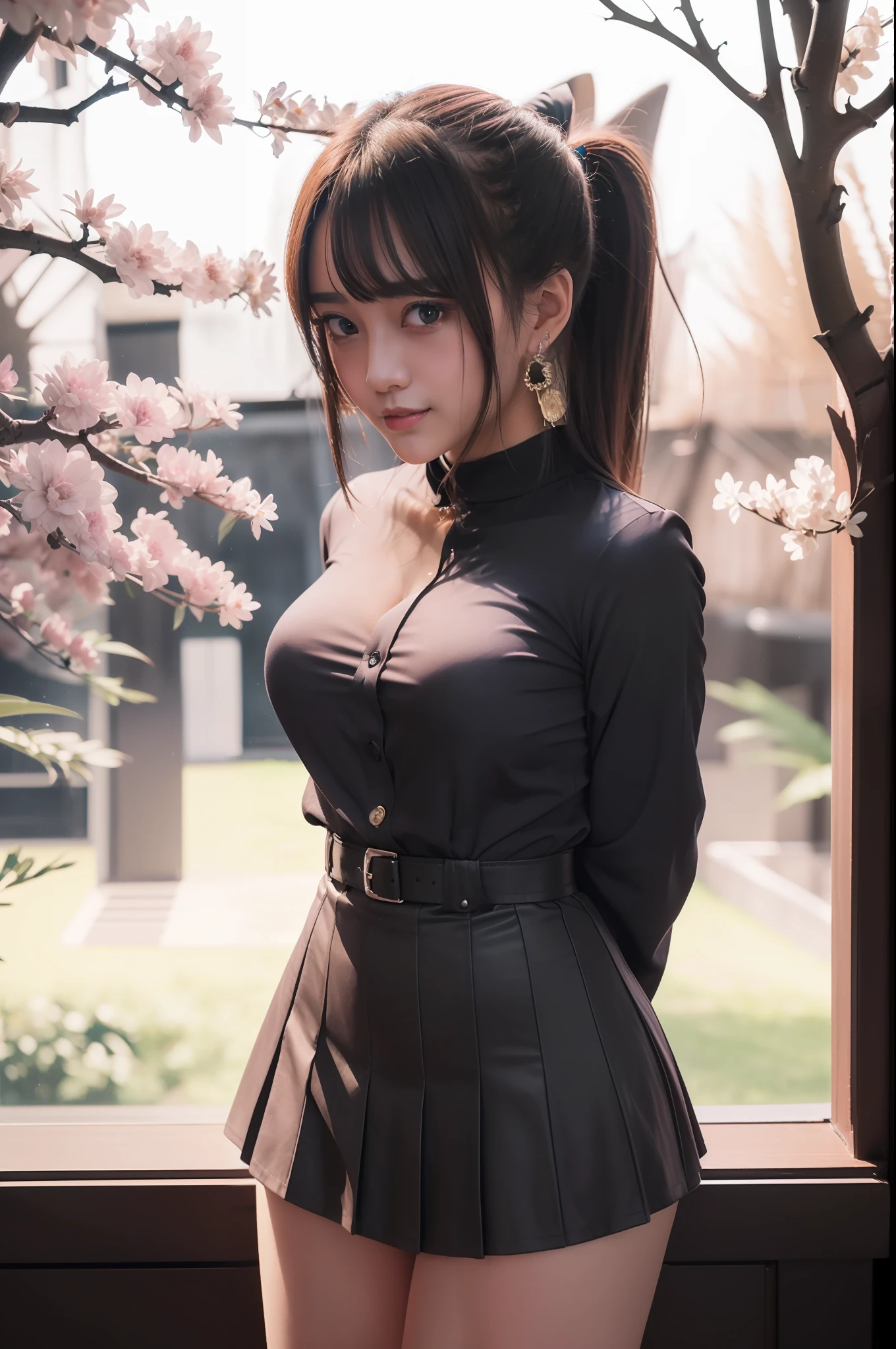 (((Marin Kitagawa))), (masterpiece, best quality), ((extremely detailed, intricate details, lush detail, insanely detailed face, beautiful red eyes, lips, detailed skin, very wide-eyed, skinny)), (( floating hair, shiny skin)), (1girl), wide hips, narrow waist, thick thighs, ((big pupil)) , nervous, ((happy, smile, long hair, younger, blush, tall, black outline, blonde hair, straight hair, seductive eyes, mature female, older, very long hair)), 1girl, toned, ((((indoors, in front of a big window, light shining through window, upper body focus)))), solo, blonde hair, school uniform, skirt, necktie, shirt, shoes, choker, jewellery, white shirt, socks, smile, brown footwear, black socks, looking at viewer, loafers, blue skirt, multicolored hair, plaid, pleated skirt, tied shirt, black choker, bangs, plaid skirt, bracelet, earrings, standing, blue necktie, grin, collared shirt, (((hands behind back, 1girl)))