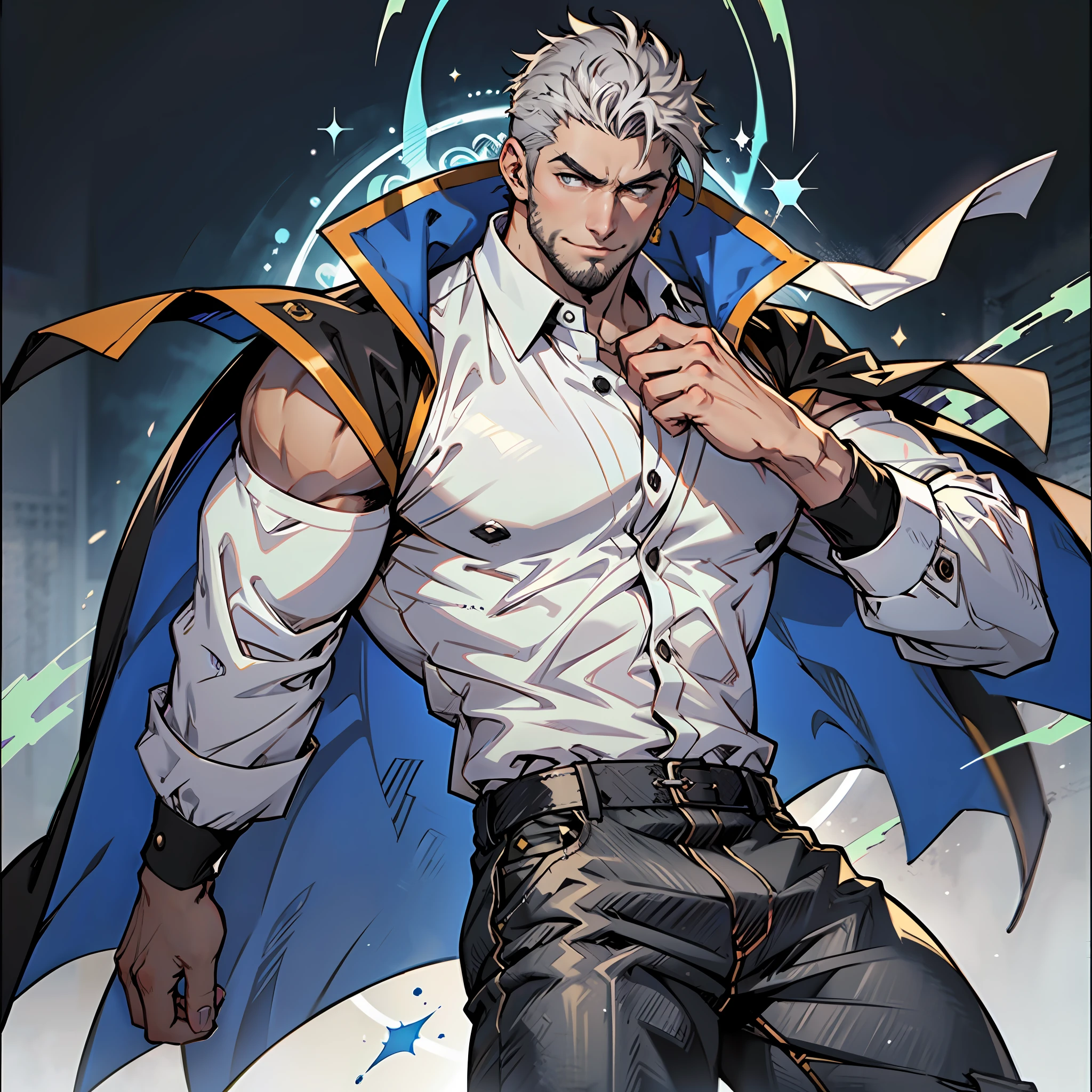 1male, solo male, adult, black scruffy stubble, cool black hair, white hair highlights, grey pupils, brown skin, handsome, semi-fit physique, tall, smirk, cocky expression. Clothing: white sleeveless button shirt, separated sleeves, dark grey coat hanging off his shoulder like a cape, black jeans, dark brown boots. Wizard aesthetic. Asian sorcerer. Battle pose. Magic aura floating in the background. Hand is holding magic glyph. Hi res. Best quality. Masterpiece. Manhua artwork. Light Novel Character. Correct anatomy. Correct hand anatomy. Five fingers each hand. Best quality. Ultra high res drawing. Masterpiece. Best illistration.