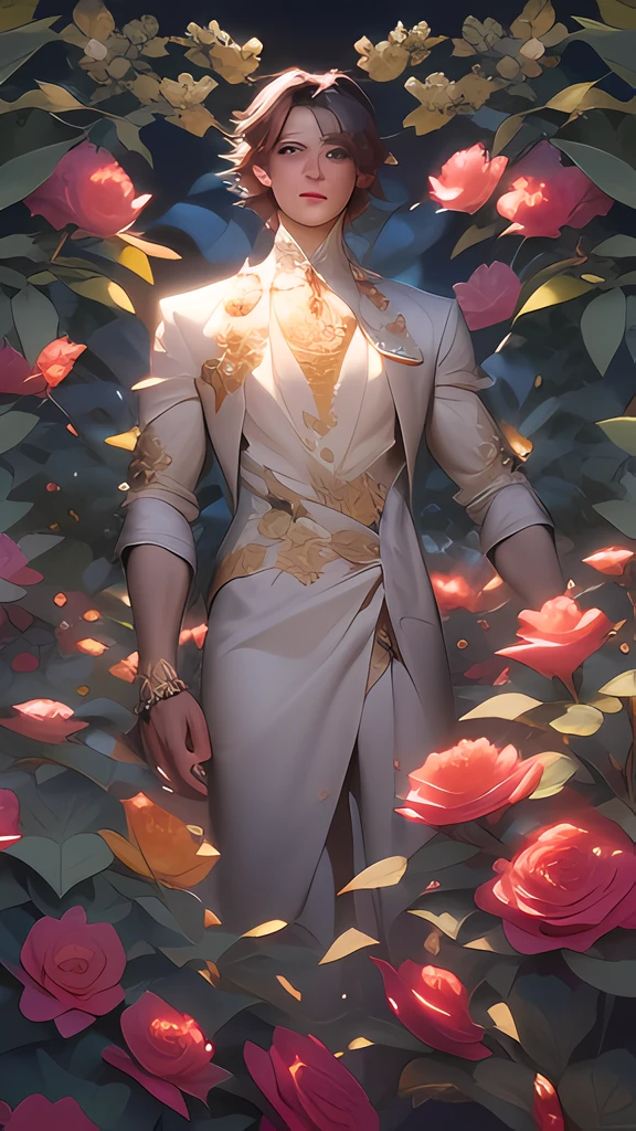 ullcolor of a man in a dress with flowers, art nouveau , masterpiece, best quality, (extremely detailed CG unity 8k wallpaper), (best quality), (best illustration), (best shadow), absurdres, realistic lighting, (Abyss), beautiful detailed glow,