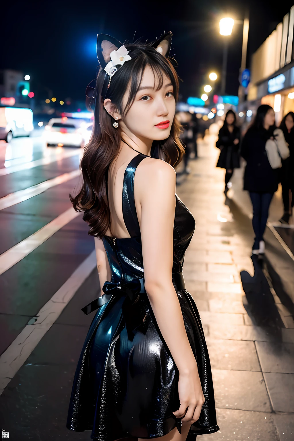 (8K, RAW photo, Best quality, Masterpiece:1.4), 超高分辨率, (Realistic, photo-realistic:1.48),Omertosa,1girll,(Kpop idol), (aegyo sal:1),Cute, (super bokeh night city center:1.25), Bokeh, Night, Traffic Lights, road signs, rain, after rainny, Wet, Professional lighting, Detailed lighting, photon maping, Radio City, Physically-based rendering,back lit lighting, Depth of field, Natural lighting, hardfocus, filmgrain, One meter shooting distance, professional photoshooting, photographed with a Sony a9 II Mirrorless Camera, Detailed eyes, Realistic eyes, detailed shadow, view the viewer, Dog ears, Detailed lighting, upper legs,, (detailed hairs, photo-realistic hair, Realistic lighting, realistic shaded, realistic dress), Realistic skin, (Waist gun:1), Realistic reflection of light from above, ((arms back behind)),(with hands behind her back),tube top,Sexy,(masterpiece), (best quality), make up, blush, earring, heart, high heels, 1girl, flower, bow,