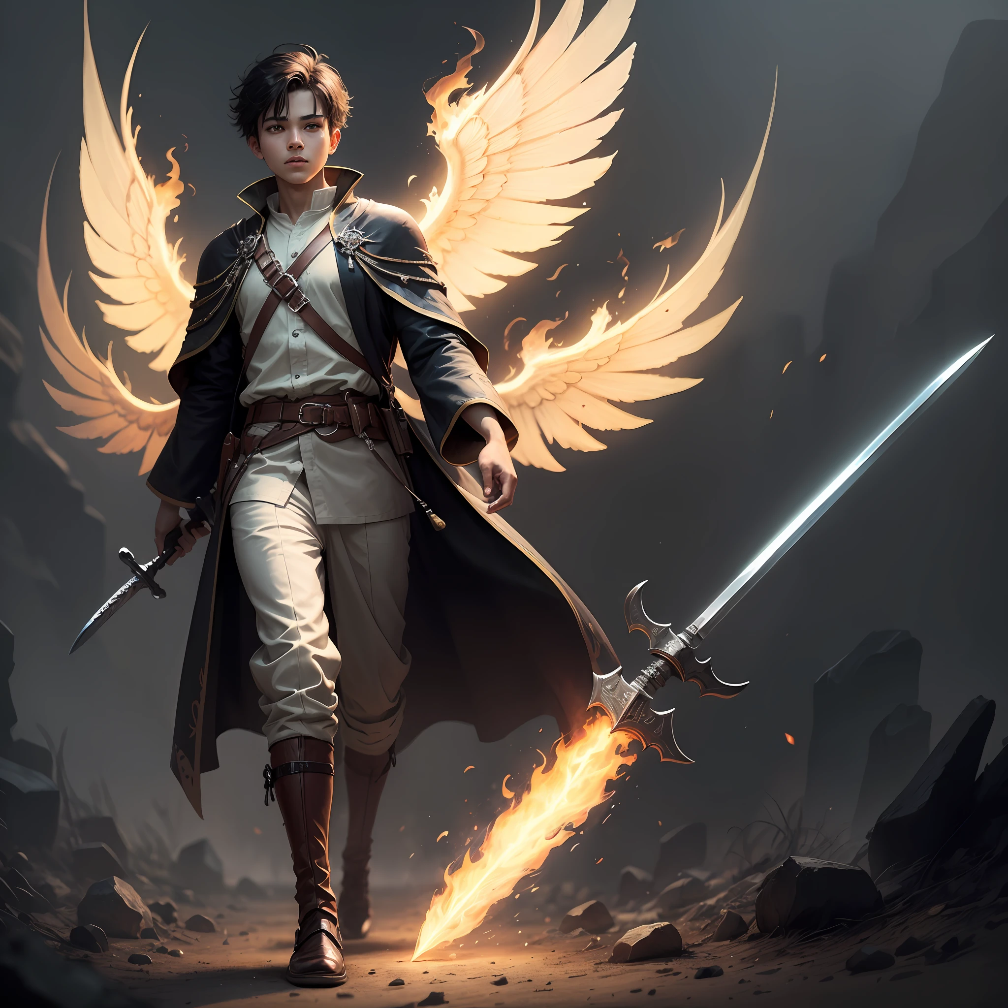 High quality realistic style, full body, young boy, with a mage robe, fire wings in his back, black short hair and yellow eyes, a sword in a sheath attached in his belt