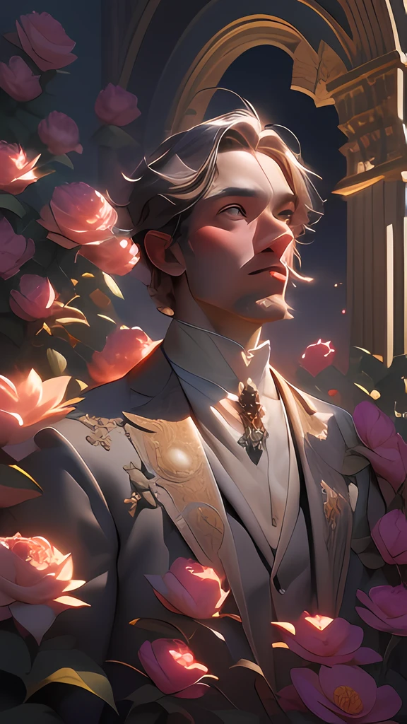 ullcolor of a man in a dress with flowers, art nouveau , masterpiece, best quality, (extremely detailed CG unity 8k wallpaper), (best quality), (best illustration), (best shadow), absurdres, realistic lighting, (Abyss), beautiful detailed glow,