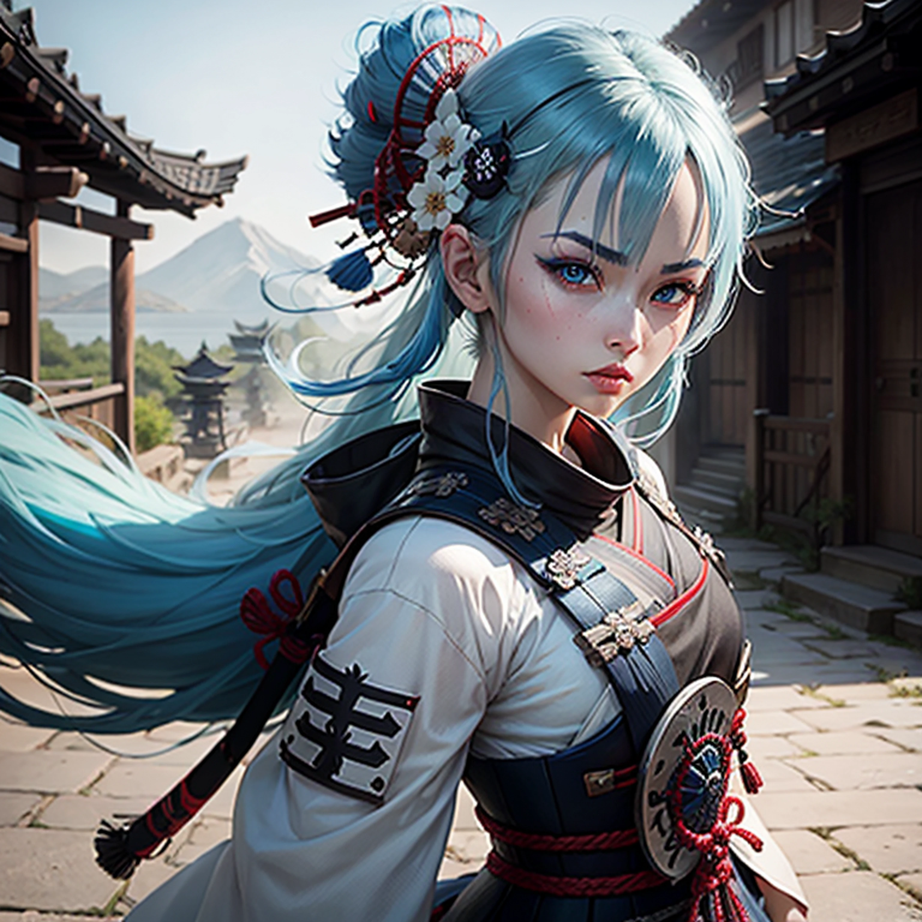 blue hair white eyes samurai girl --auto