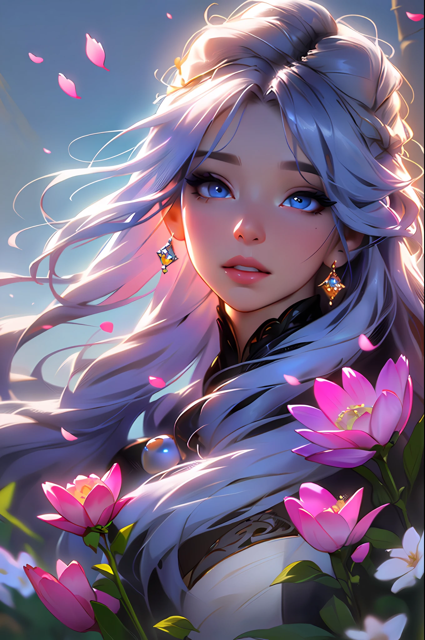 The colors in this image are soft and draw inspiration from gentle watercolors and should be primarily pink. Generate a delicate and tranquil flower princess with soft hair dancing in the wind and intricately braided. Her sweet face has puffy, kissable lips and stunning, highly realistic eyes. She has beautiful eyes, hires eyes, 8k eyes, beautiful detail eyes, beautiful detailed eyes, realistically shaded eyes, and realistic eyes in vibrant colors. She is wearing delicately detailed fabric of gossamer silk and satin. Small pink gemstones and cream pearls detail her clothing. She sits in the midst of the most beautiful meadow in the world and is surrounded by beautiful flowers of varying sizes and colors. The background is wild and unruly, with delicate flowers dancing in the wind and creating a dynamic and compelling image. An ornately flowered headdress adorns her head and soft petals fall around her. The flowers are realistic and very detailed and come in different shapes and sizes, some with iridescence and others with varying shades of pink and blue. Include a soft watercolor sky. The background is wild, with delicate flowers dancing in the wind and colorful pollen filling the air. Include realistic hair and skin texture. Include fantasy details, enhanced details, iridescence, colorful glittering wind, and pollen. Pay special attention to her face and make sure it is beautifully and realistically detailed. The image should be dreamy and ethereal. Include intricate fantasy details. 8k, intricate, elegant, highly detailed, majestic, digital photography, art by artgerm and ruan jia and greg rutkowski surreal painting pearl butterfly filigree, flower petals, (masterpiece, finely detailed beautiful eyes: 1.2), hdr, realistic skin texture, ((ornate)), ((intricate)), ((fantasy00d:1.2)), rays of light, (add details), (add more details), highly detailed, ornate flowers, dew drops, sunlight, rays of sun