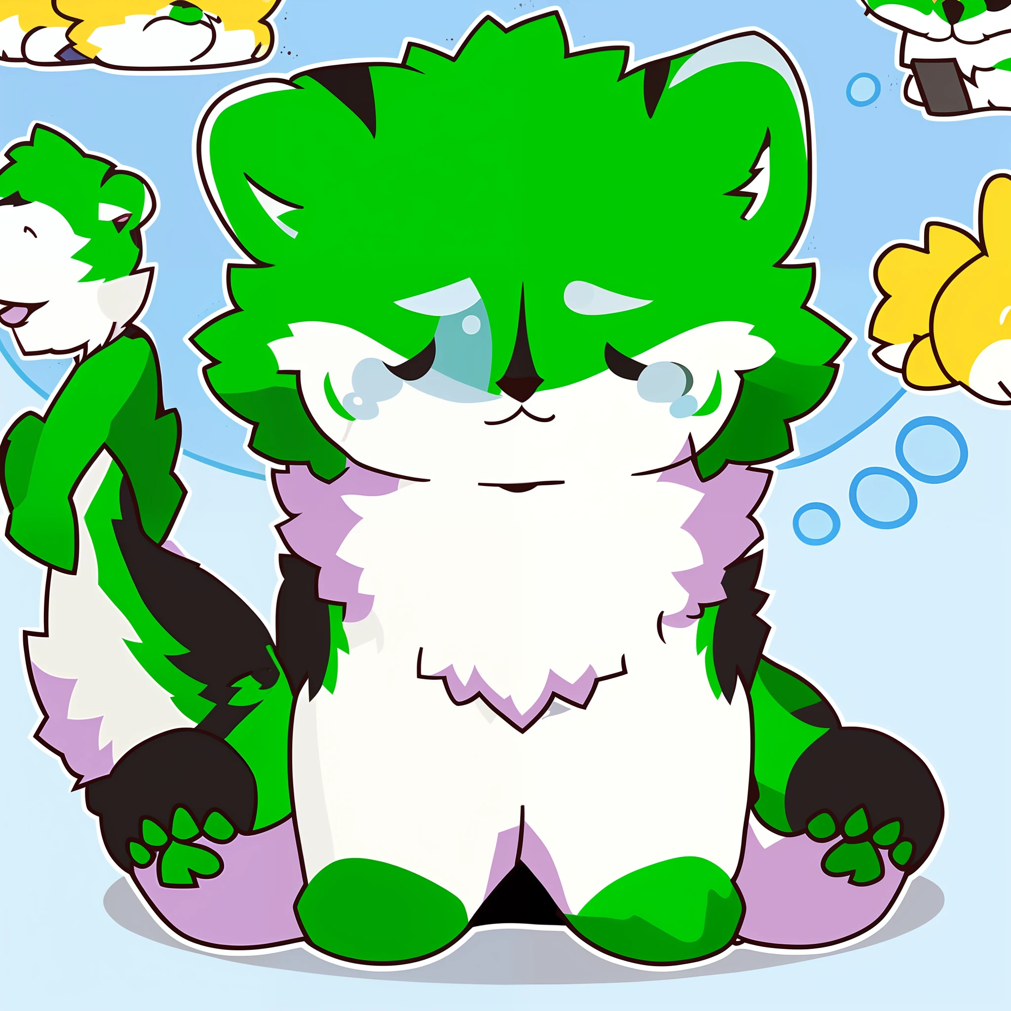 There is a green and white cat,White beard with green eyes, fursona art, fluffy green belly, Sora as a cat, cat seahorse fursona, fursona!!!!, Furry art!!!, digital green fox, cute furry needs your help, lineless, professional furry drawing, fursona furry art commission, furaffinity fursona