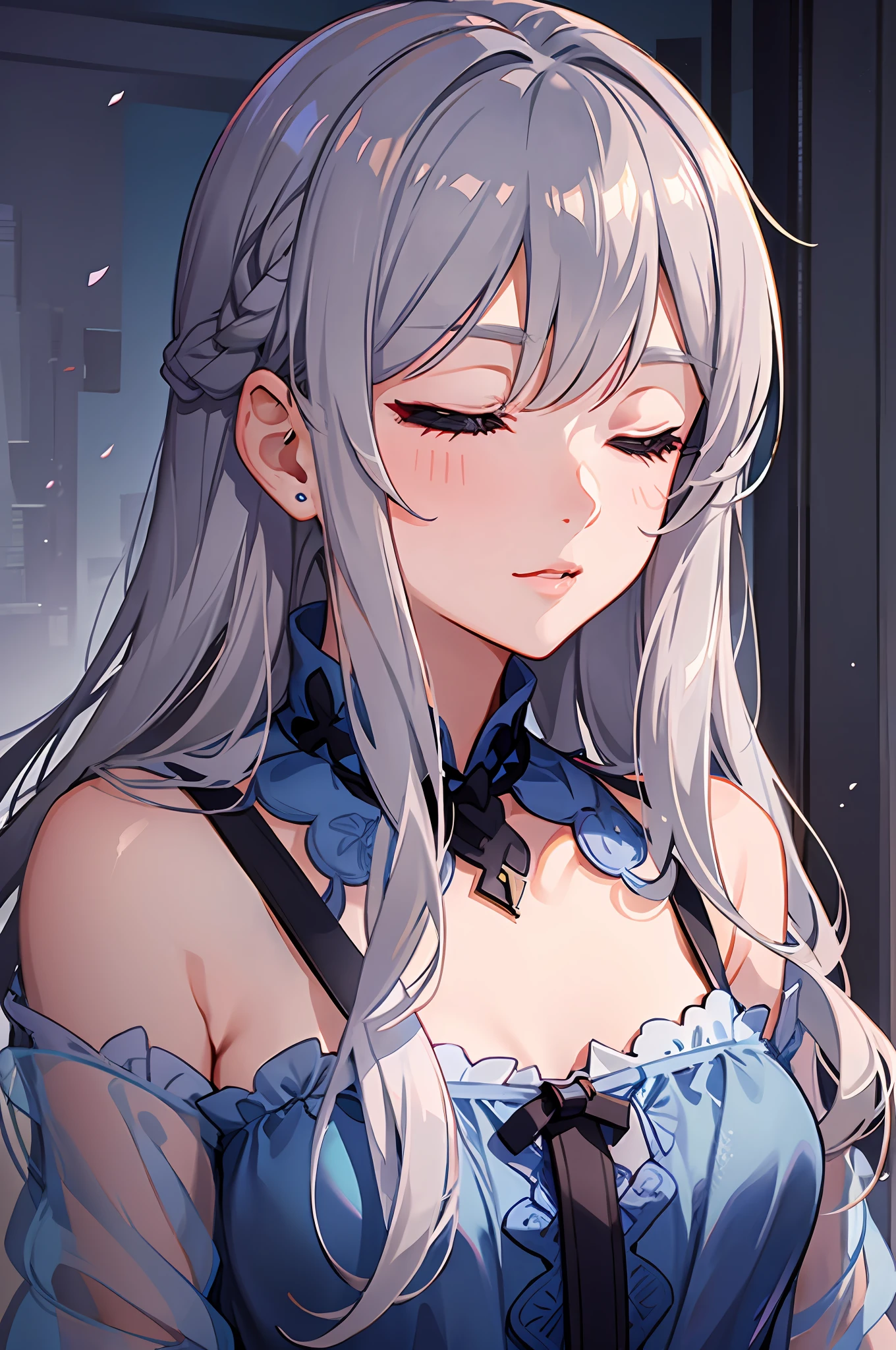 Young Girl,Long grey hair,Eyes closed,a blue dress