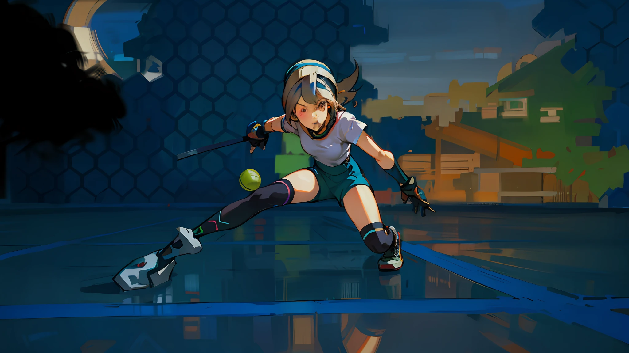 Anime girl on a tennis court with a racket and ball, Personagem de videogame Katana Zero, style of jet set radio, Pose de batalha, Pose de combate, Esgrimista de anime, personagem de jogo de luta, Future of Jet Set Radio, Radio Jet Set, Captura de tela do videogame>, Luta posta, the anime girl is running, poser, inspirado por Li Shida, Pose de ataque