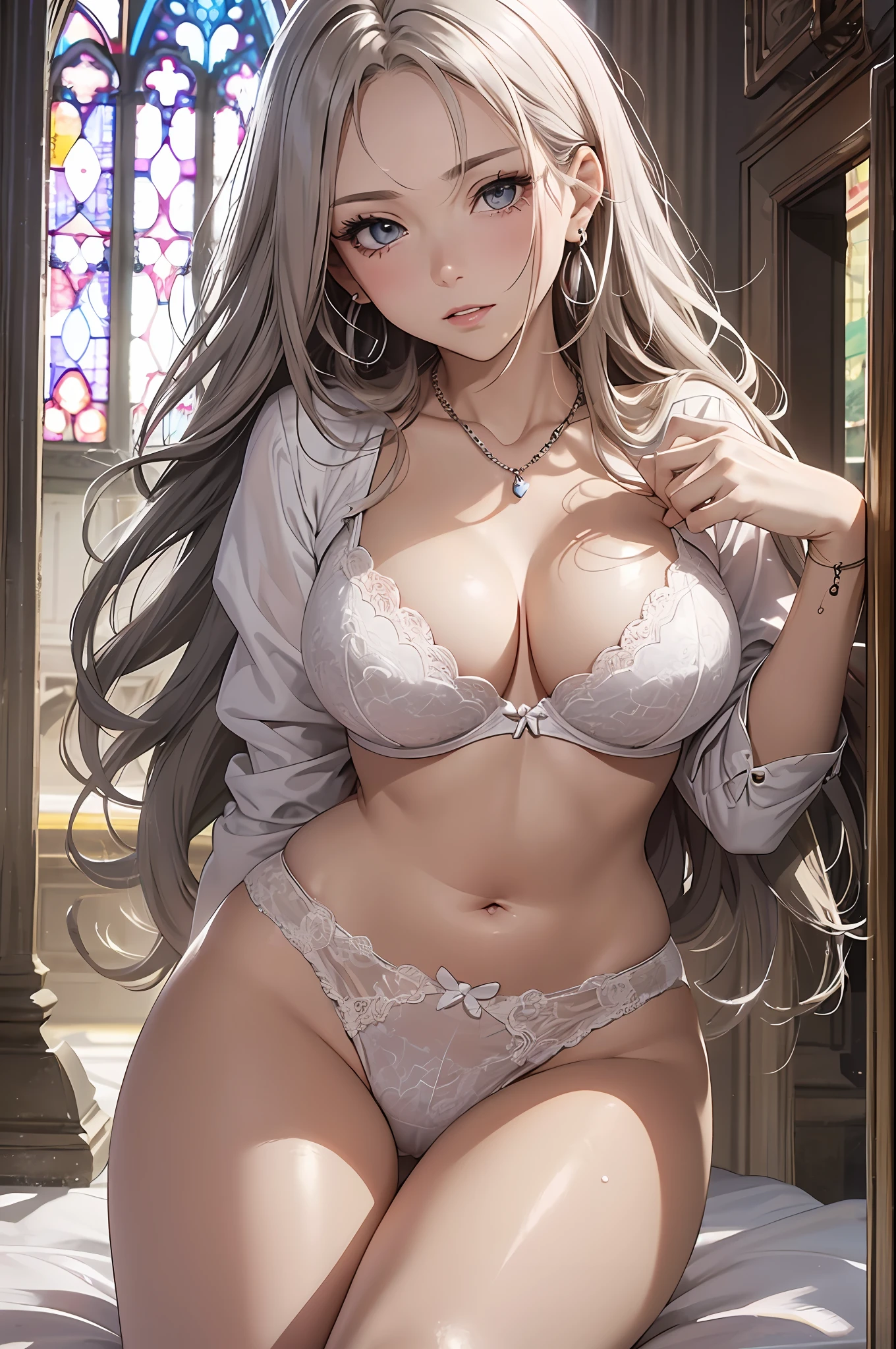 (masutepiece: 1.3), (max resolution: 1.2), (Ultra HDTV: 1.2), cinematric light,  Detailed eyes and skin, detailed facial features, , 8K resolution, (Sharp Focus: 1.2, Perfect Style, Beautiful face, acurate, Anatomically correct, Highly detailed face and skin texture, Detailed eyes, Double eyelids, Thin eyebrows, Glitter Eyeliner: 1.2, Natural cheeks, Glossy skin, Fair skin: 1.2, shiny little necklace and earrings, (Glossy lips: 1.4),  (Cultivated woman:1.2), You are pointing your feet at me, (Shy look: 1.2), (25 years old, Neat and clean woman), 、silber hair, Medium Long Hair, (Focus on Face:1.2), ((large full breasts)), (upturned breasts), (In a church: 1.2)), (She lies with her knees open on the floor：1.2.)), ((She  lifted her chin:1.2)), (Look away a little。)), Highly detailed facial and skin texture, Detailed eyes, Double eyelids, Natural cheeks, Blue eyes,  shiny little necklace and earrings, shiny lips: 1.4,Exposed cleavage、Sperm taken、dripping sperm、red blush、Traces of tears、embarrassed from、White underwear、White bra、Open knees、open one's legs、Masturbation behavior、disheveled clothing、Exposed panties、Wearing sweat、sodden、Sheer underwear、White blouses、Sexually arousal、Uttori、Green-gray eyes、