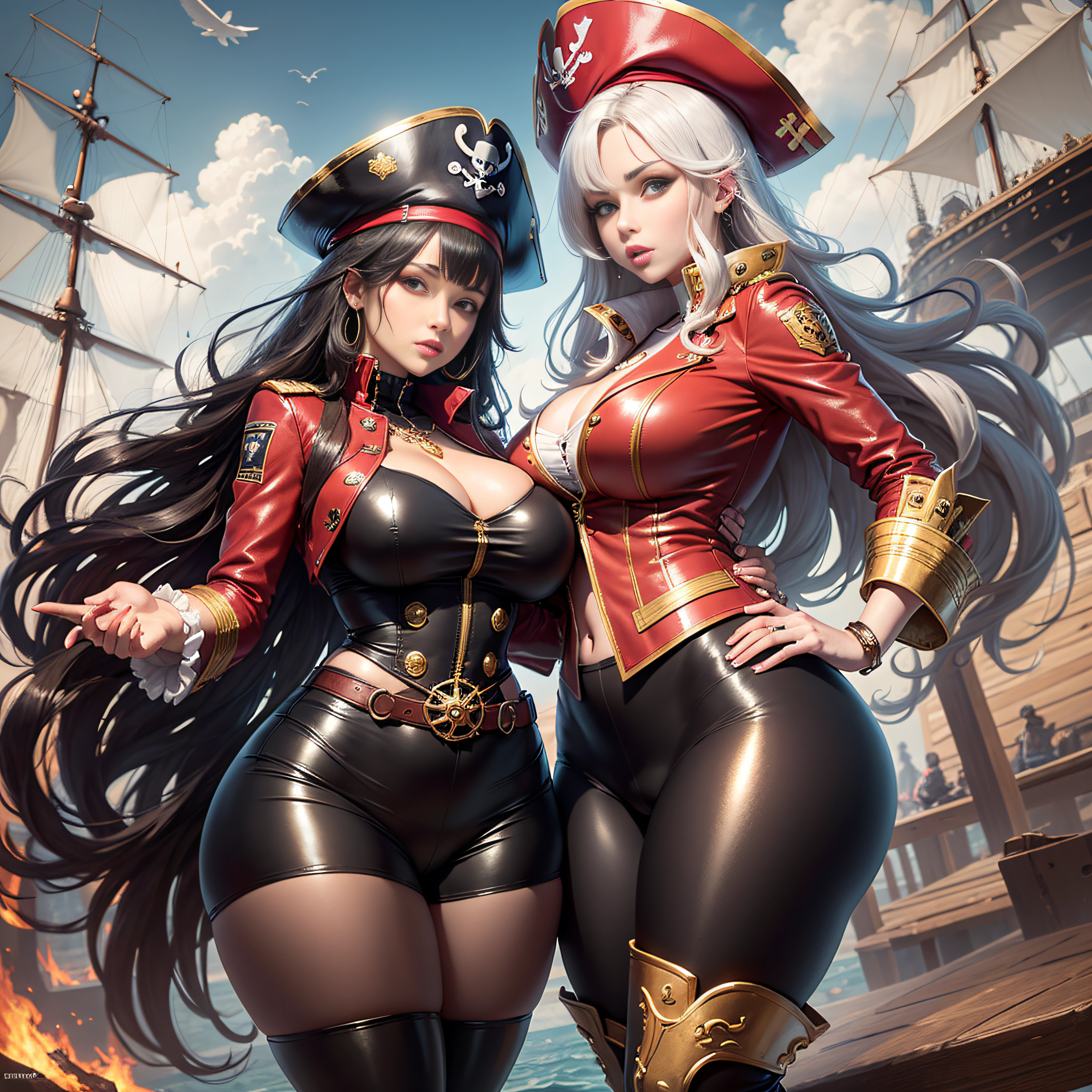 pirate captain outfit with pirate hat, red jacket with gold tassels, white frilly blouse, black pants, brown thigh high boots, eye patch, massive breasts, massive hips, massive thighs, massive calves, slender waist, hourglass figure, shiny black pantyhose, piloting a wooden ship, detailed eyes, leggings, kissing each other, 4K high resolution