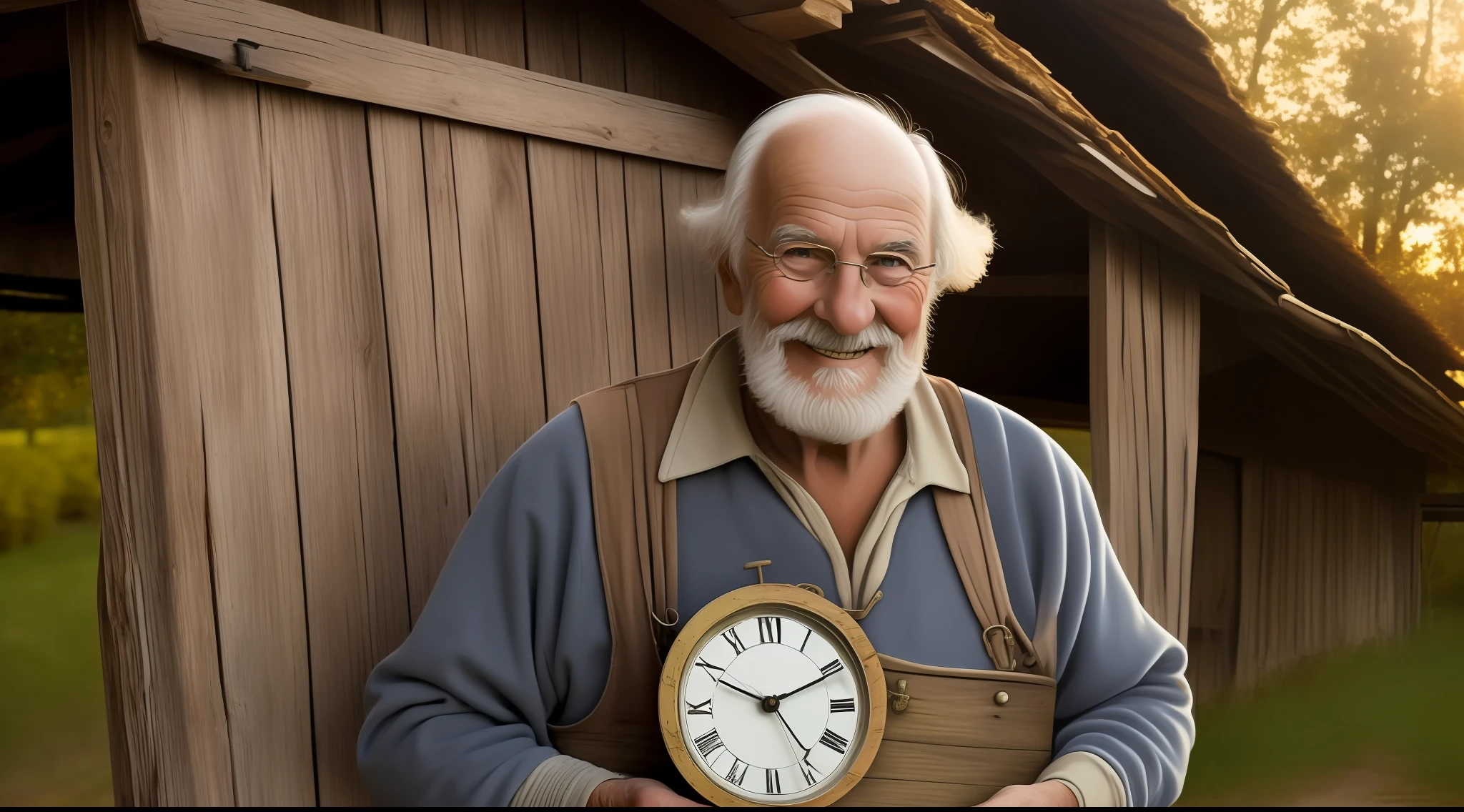 "A happy old farmer holding an old clock in one hand, next to a rustic barn, com luz natural e sombras evocativas."