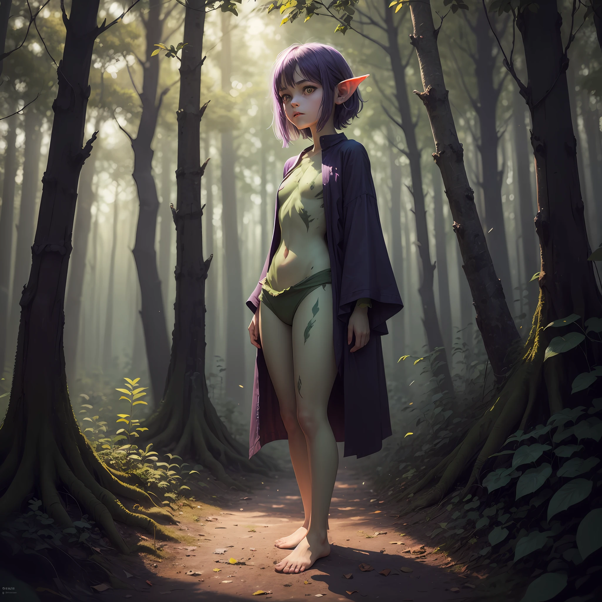 High quality realistic style, full body, single little goblin girl, green skin colored, dark purple hair and yellow eyes, using shredded tissue and leafs as clothes, bare skin, bare foot,, scouting the surroundings, spooked expression, in a Forrest with fireflies and mystical lights. Night time. Closed portrait,