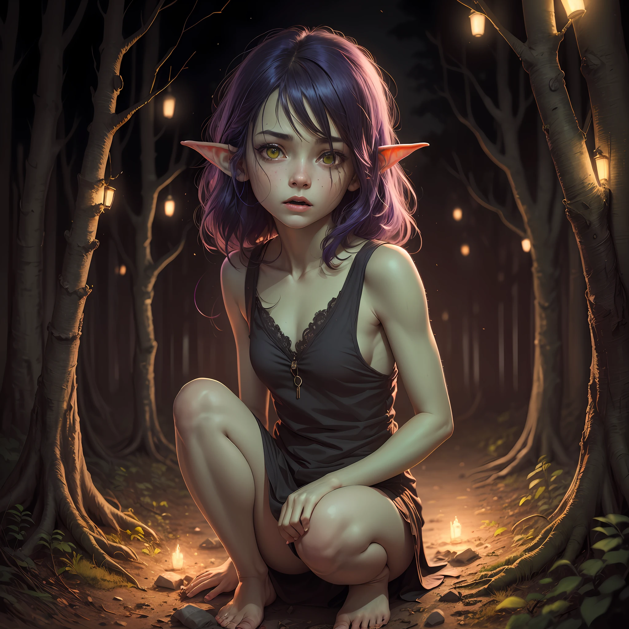 High quality realistic style, full body, single little goblin girl, green skin colored, dark purple hair and yellow eyes, using shredded tissue and leafs as clothes, bare skin, bare foot,, scouting the surroundings, spooked expression, in a Forrest with fireflies and mystical lights. Night time. Closed portrait,