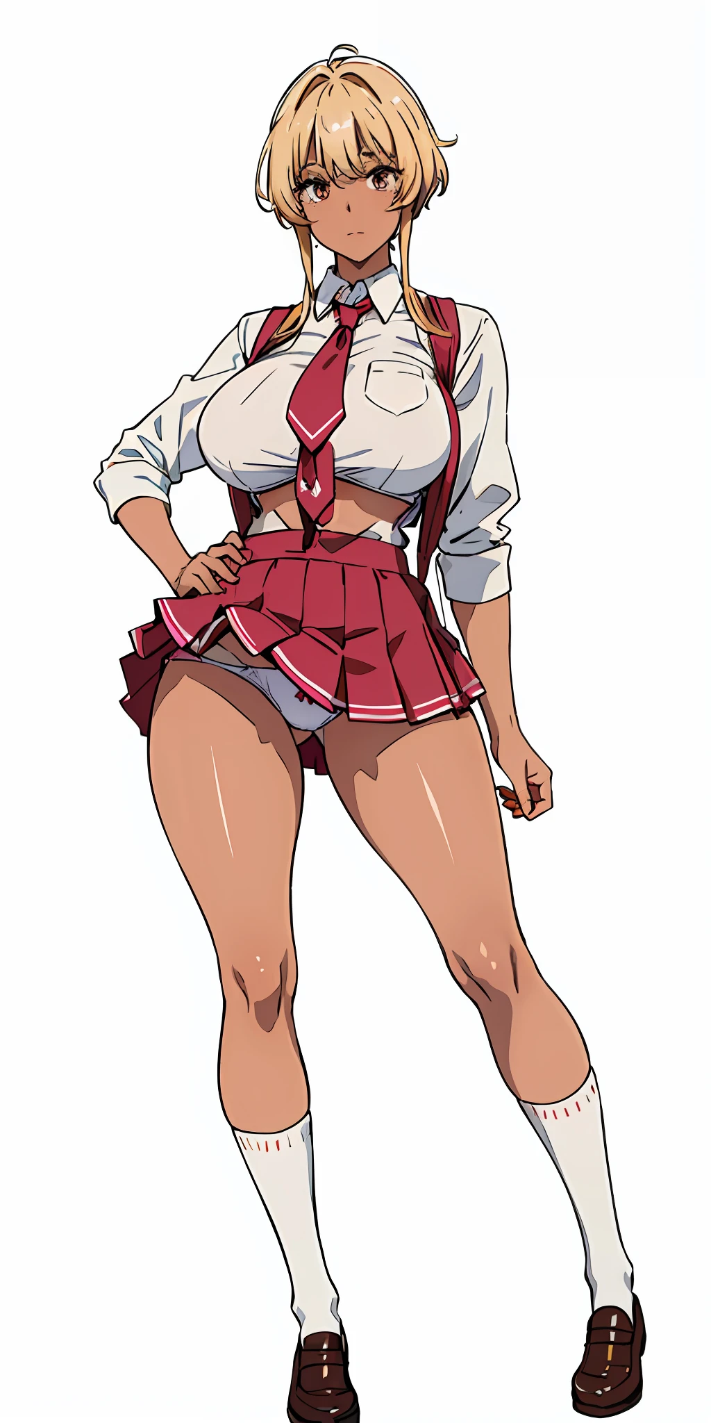(top-quality、masterpiece)、1girl in、A stunning、a blond、barechested、School Uniforms、Being at school、(((Brown skin tone)))、sun burn、Mole、(((Colossal tits)))、large full breasts、Sheer areol、Kicking、Pink underwear is visible、Show underwear、neck tie、I can see my chest a little、agitation