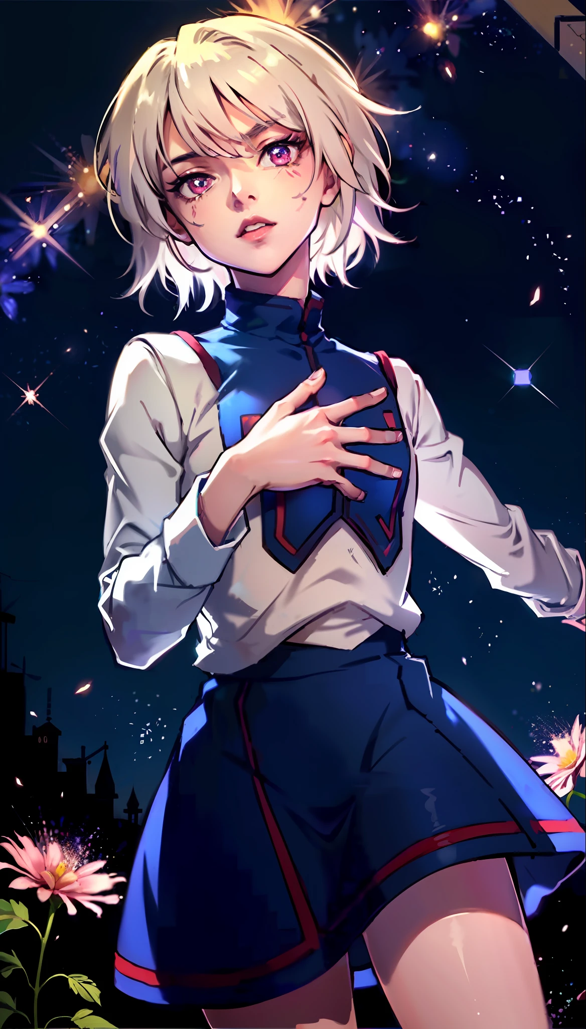 realisticlying，1girl，White hair，Purple eye，glowing light eyes，Cut the top，a skirt，parted lip，Be red in the face，the night，fresh flowers，suns，rays of sunshine，The kinky is exposed