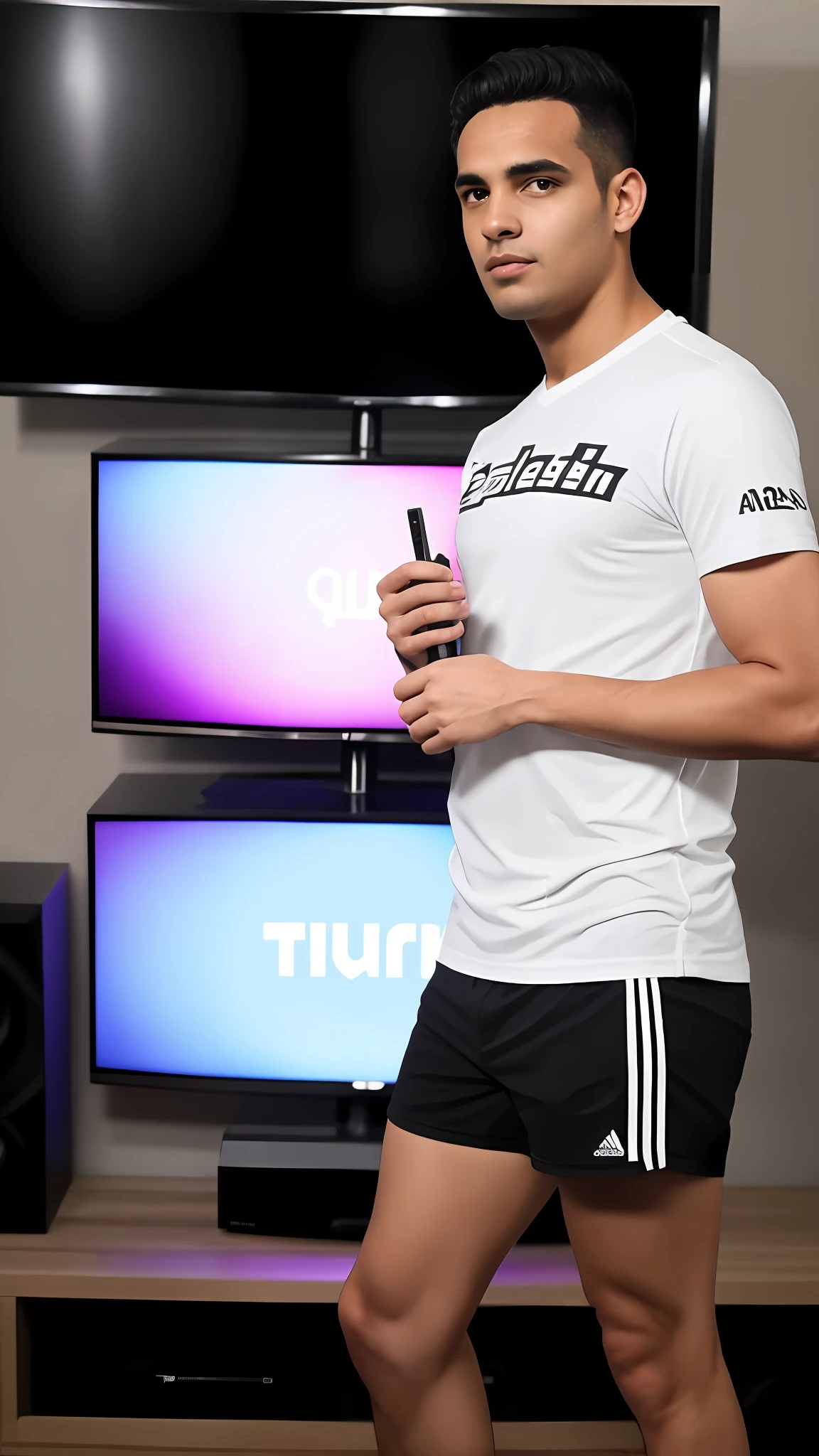 there is a man that is standing in front of a tv, Streamer do Twitch / Jogador Ludwig, caio santos, na frente de um computador, imagem de perfil, icaro carvalho, Miguel Iglesias, david rios ferreira, taken in the early 2020s, imagem de qualidade muito baixa, inspirado em Nathan Oliveira, Streamer do Twitch