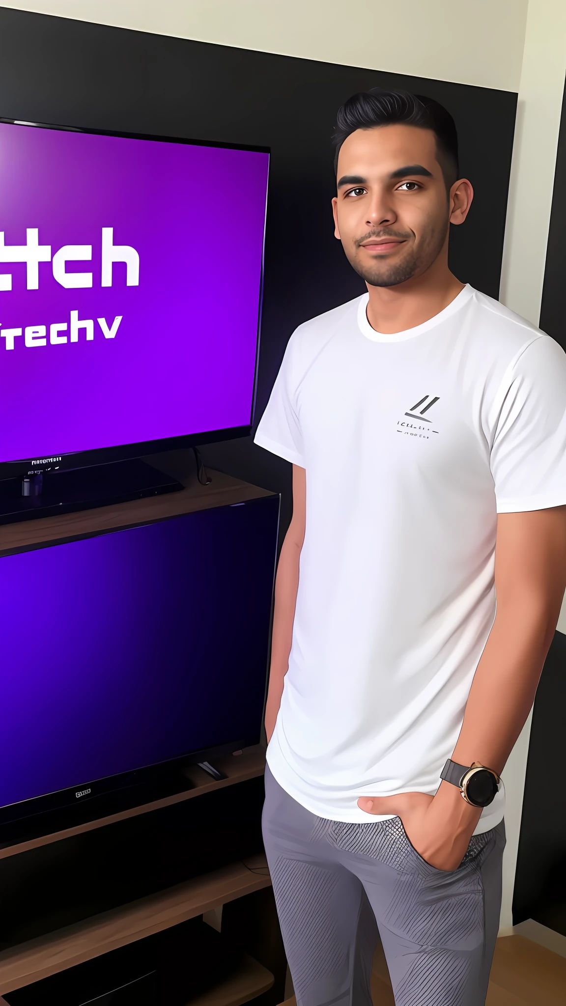 there is a man that is standing in front of a tv, Streamer do Twitch / Jogador Ludwig, caio santos, na frente de um computador, imagem de perfil, icaro carvalho, Miguel Iglesias, david rios ferreira, taken in the early 2020s, imagem de qualidade muito baixa, inspirado em Nathan Oliveira, Streamer do Twitch