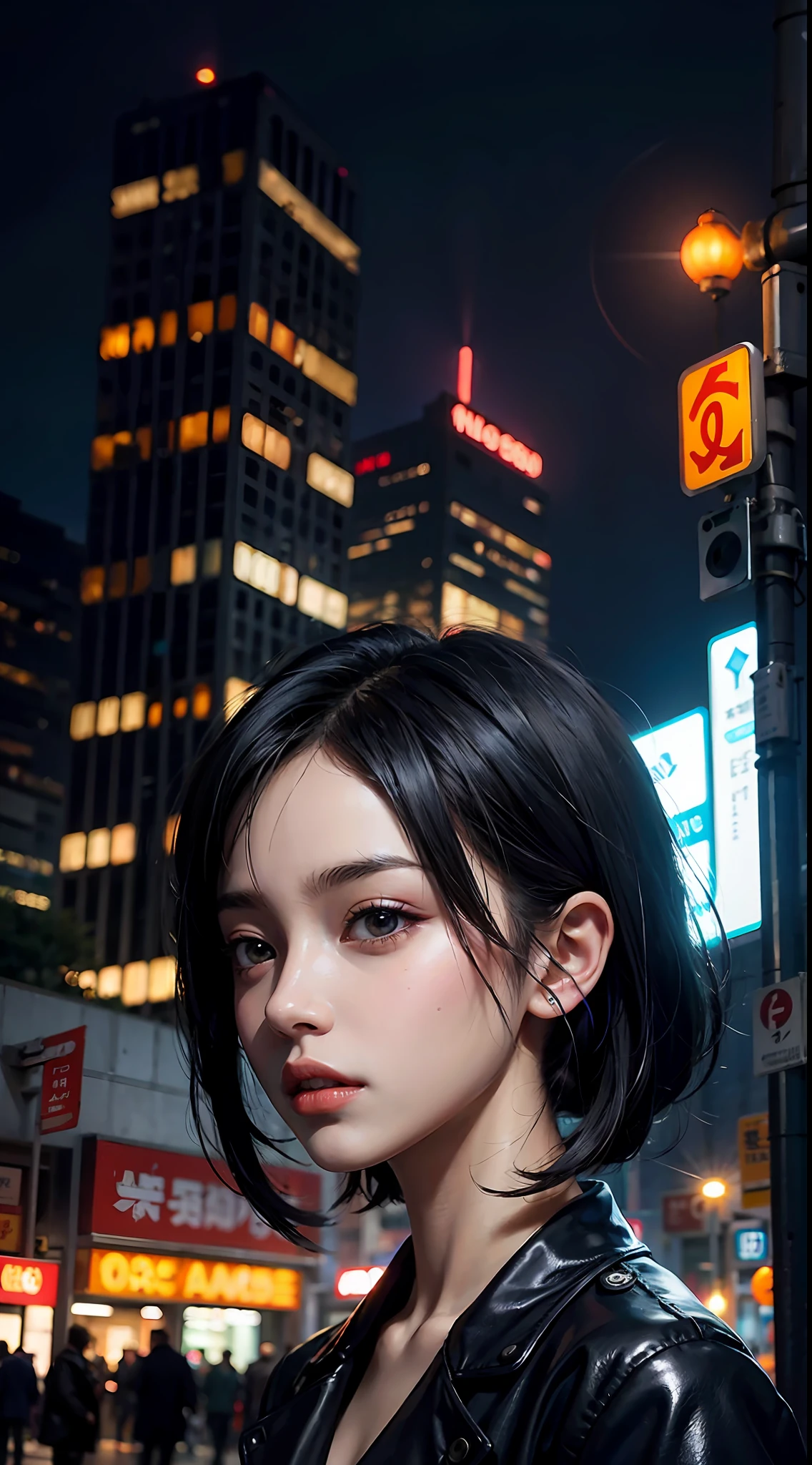 Anime style, cyberpunk, city, night, black hair, long haircut,, street style