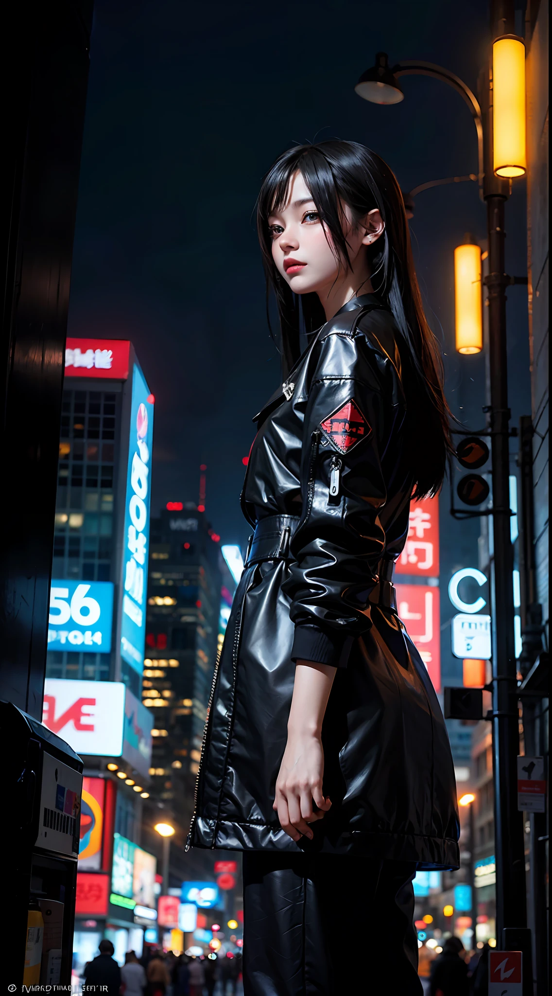 Anime style, cyberpunk, city, night, black hair, long haircut,, street style