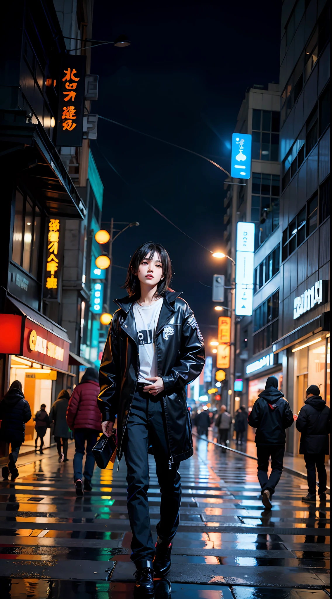 Anime style, cyberpunk, city, night, black hair, long haircut,, street style