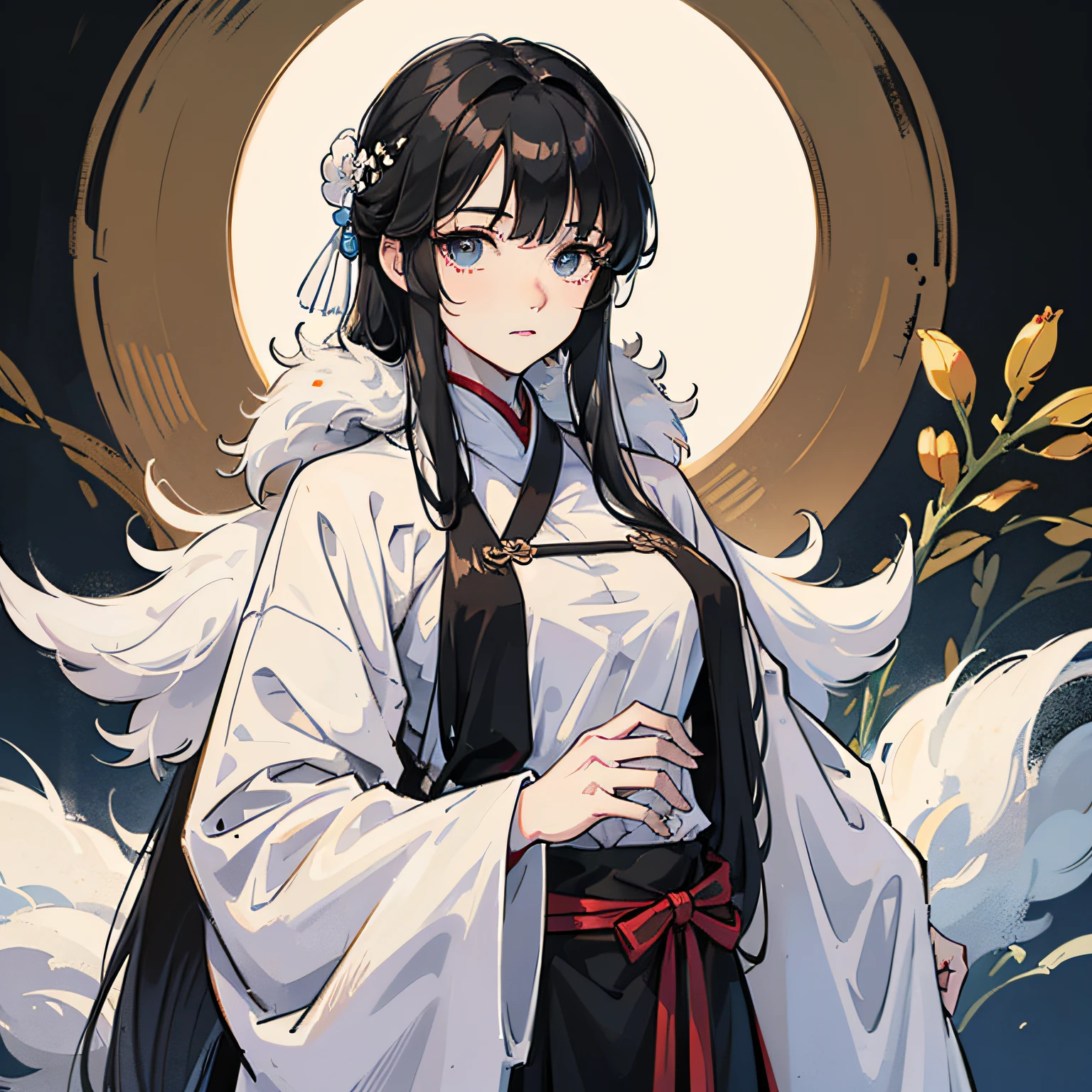 Upper body image of a person，Anime style，Long black hair，Air bangs，Antique beauty，Manteau blanc，breast enhancement，Tall and thin，white skinned，Fava bean eyes，Hanfu costume --auto