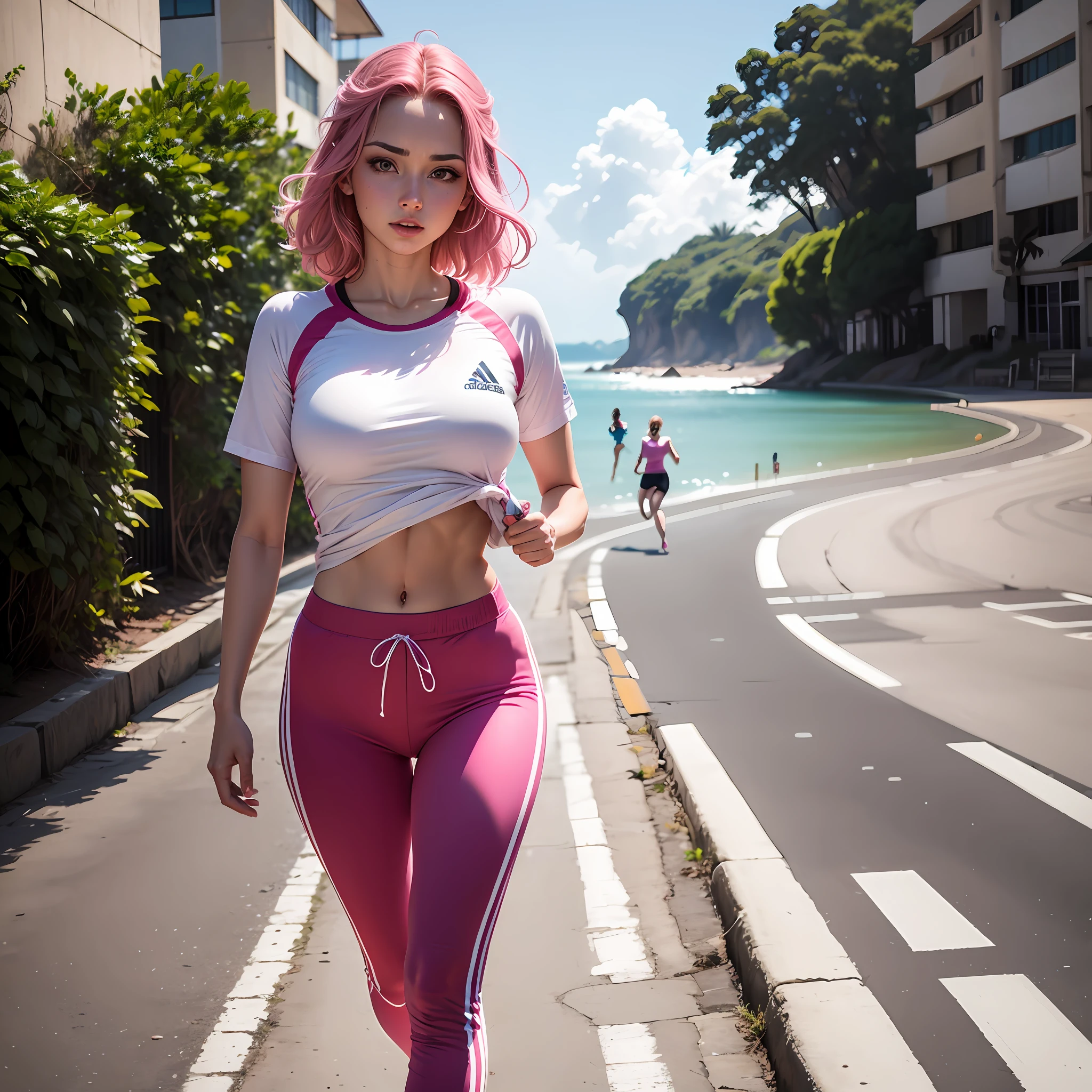 Crie uma mulher ruiva utilizando uma blusa branca da Adidas, with pink pink pants, esta garota pracisa estar correndo na beira da praia, sua blusa precisa ter um decote bem chamativo, ela nao esta utilizando sutian. --auto