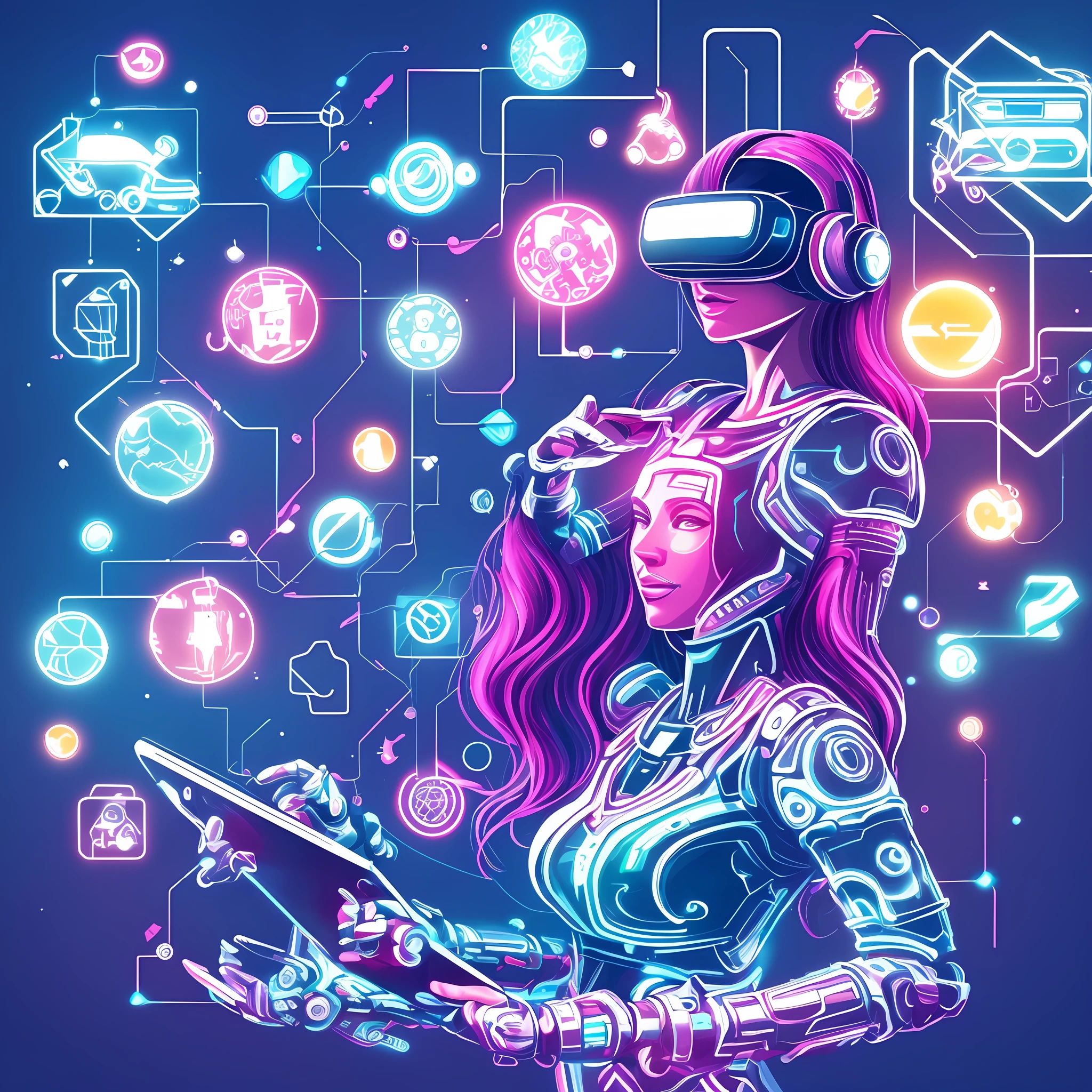 Create a digital art illustration of a cybernetic woman in a virtual reality setting. A mulher deve ter um visual futurista, with cybernetic hair and technological implants on your skin. The illustration should show the woman sitting in a virtual environment, com uma paisagem abstrata ao fundo e elementos de tecnologia flutuando ao redor. The virtual landscape can include geometric shapes and abstract patterns, bem como elementos de tecnologia, como circuitos, bright lights and robot heads. The cyber woman must be connected to a virtual reality device, como um headset, and your hands may be holding controls to interact with the virtual environment. O ambiente virtual deve parecer imersivo e envolvente, como se a mulher estivesse realmente dentro dele. The illustration may have a neon color palette, com tons brilhantes de azul, rosa e verde. A mulher deve parecer confiante e dominar o ambiente virtual, como se ela estivesse no controle completo. The illustration should evoke a sense of wonder and exploration in a world of advanced technology. --auto