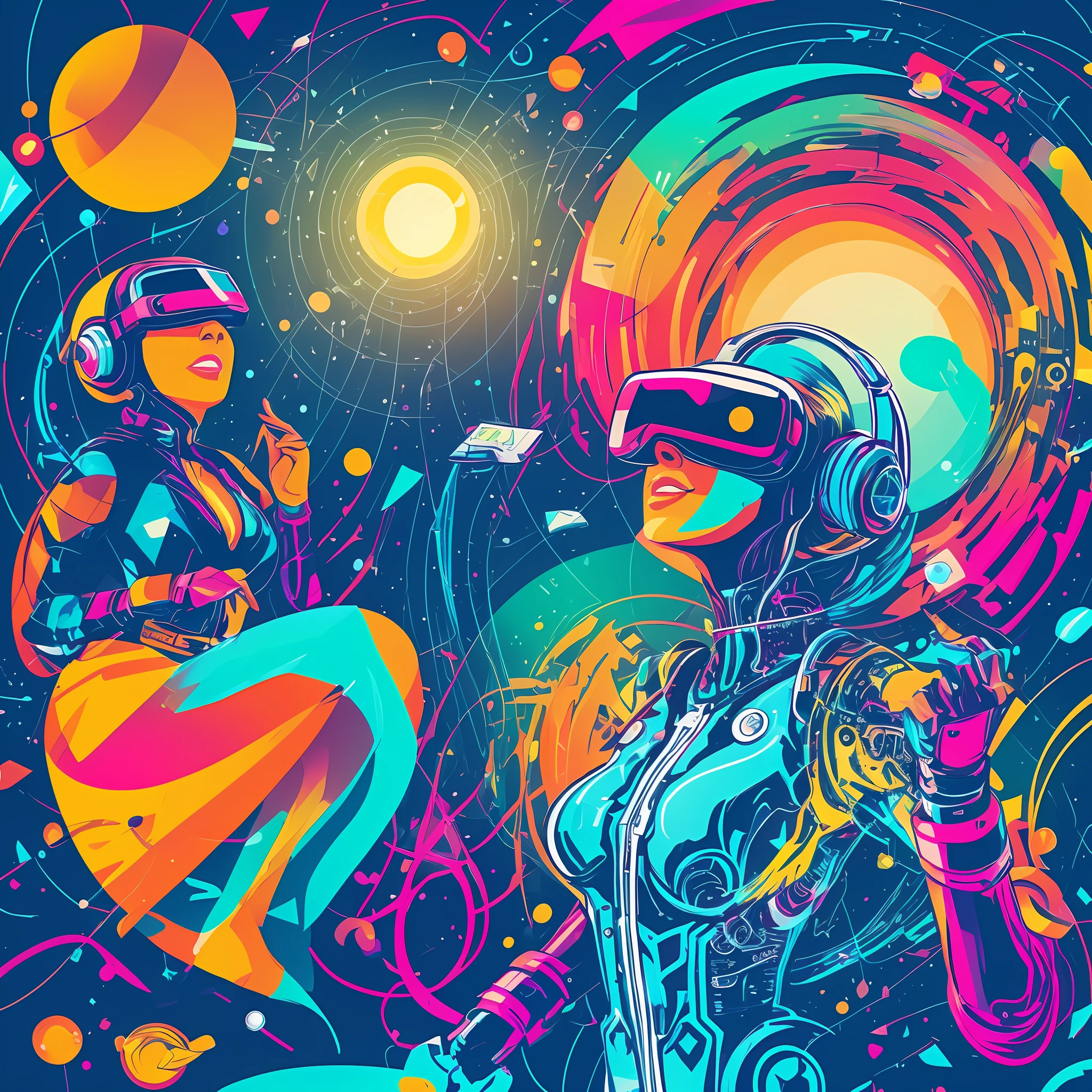Create a digital art illustration of a cybernetic woman in a virtual reality setting. A mulher deve ter um visual futurista, with cybernetic hair and technological implants on your skin. The illustration should show the woman sitting in a virtual environment, com uma paisagem abstrata ao fundo e elementos de tecnologia flutuando ao redor. The virtual landscape can include geometric shapes and abstract patterns, bem como elementos de tecnologia, como circuitos, bright lights and robot heads. The cyber woman must be connected to a virtual reality device, como um headset, and your hands may be holding controls to interact with the virtual environment. O ambiente virtual deve parecer imersivo e envolvente, como se a mulher estivesse realmente dentro dele. The illustration may have a neon color palette, com tons brilhantes de azul, rosa e verde. A mulher deve parecer confiante e dominar o ambiente virtual, como se ela estivesse no controle completo. The illustration should evoke a sense of wonder and exploration in a world of advanced technology. --auto