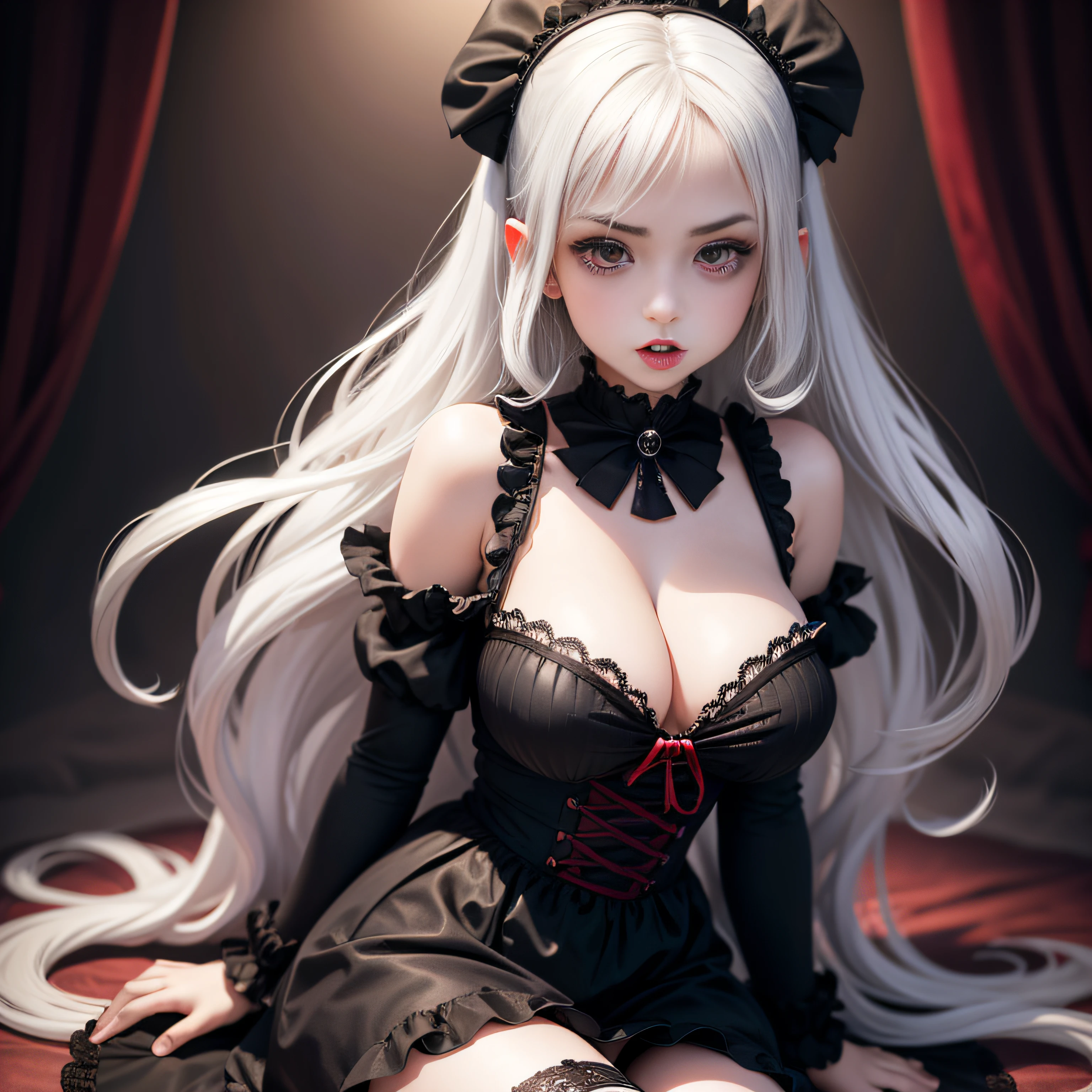 1girl,Vampires,silber hair,red color eyes,Big eyes, huge breaavage,tolack belly,Black and white Lolita,Ribbed whiteings,tmasterpiece,k hd --auto