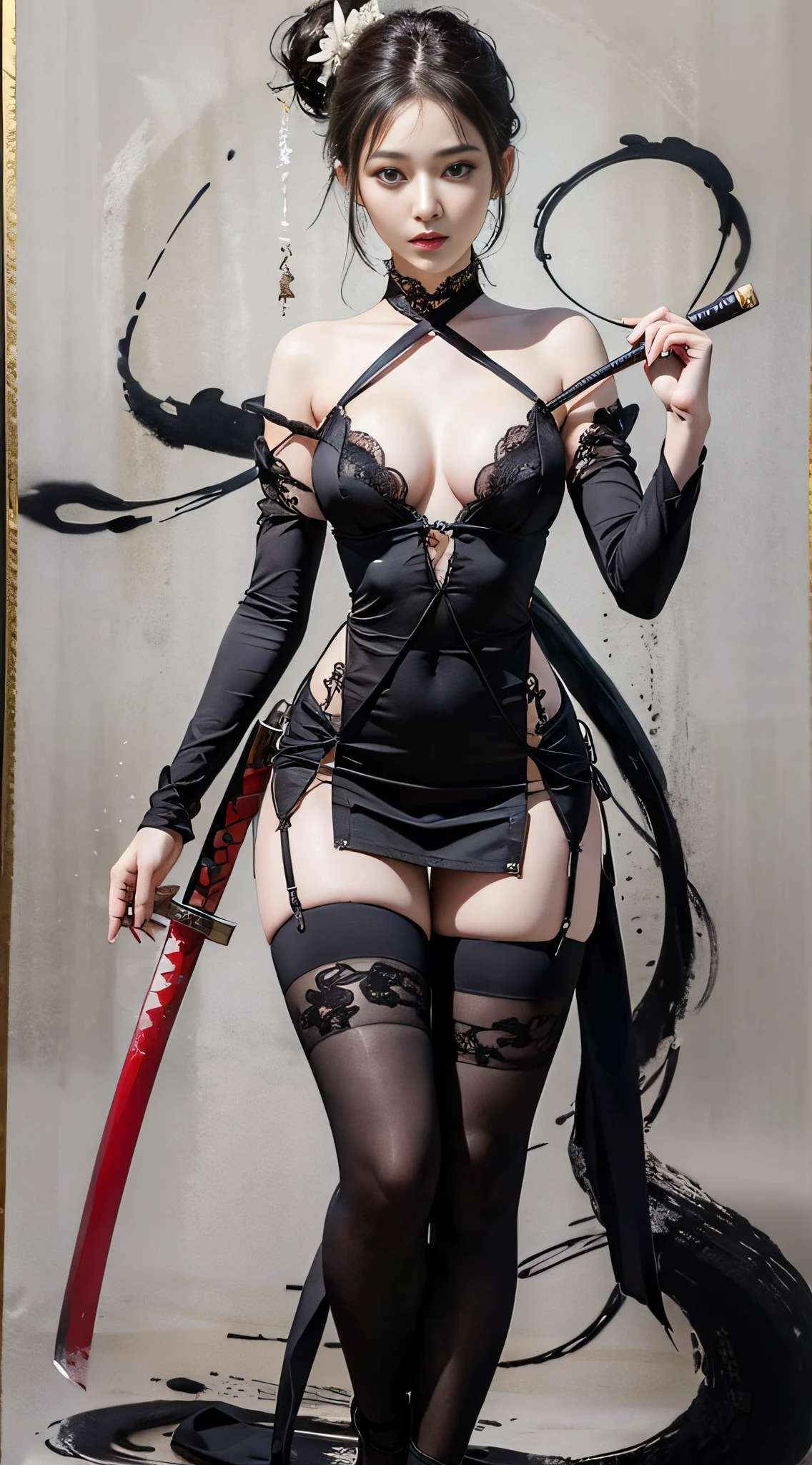 1 gril,beautiful face,VIPER NING,ink painting,katana,full body, masterpiece, best quality