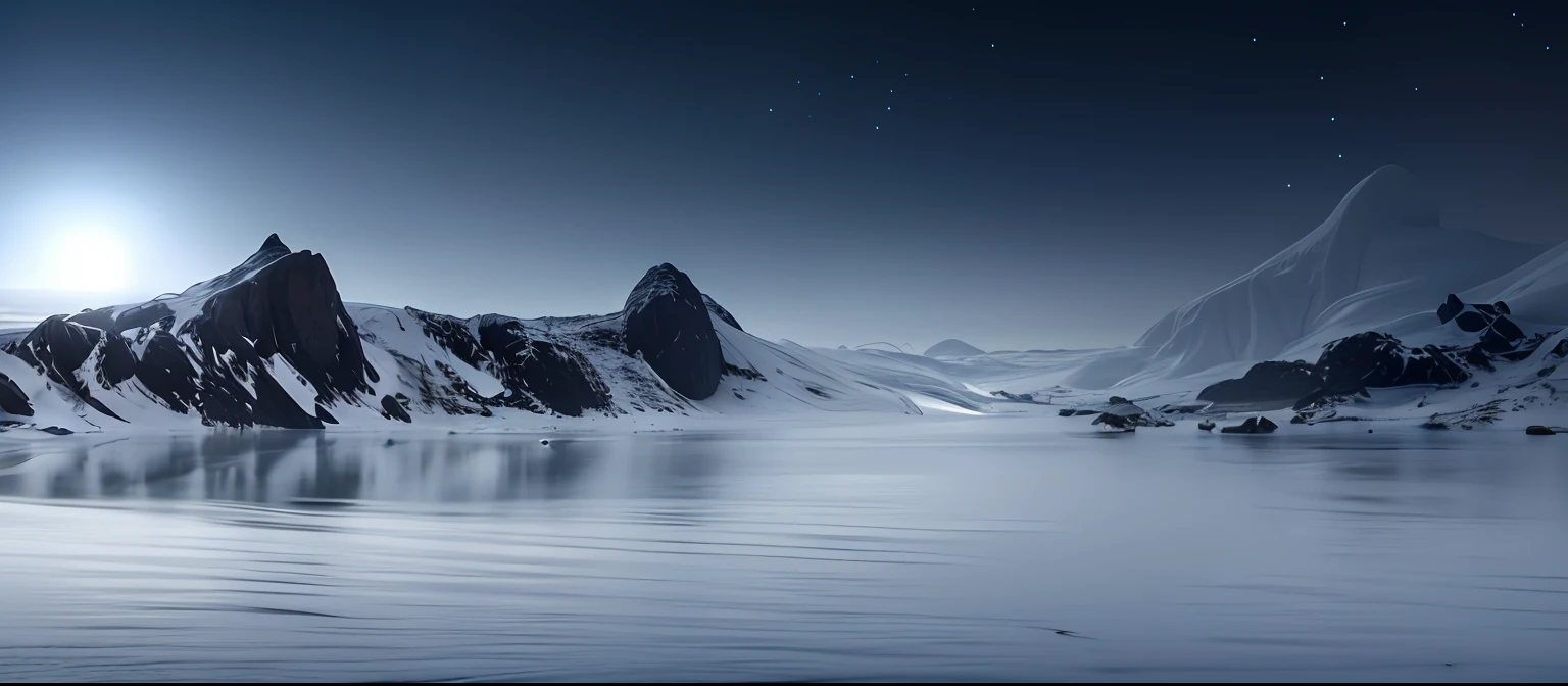 Alafid landscape with lakes and mountains with full moon, luminist polar landscape, icy landscape, with a snowy mountain and ice, antartic night, surreal frozen landscape, ice mountains afar, snowy arctic environment, An atmosphere of cold pale silence, luminescent matte painting, ice mountain, desolate arctic landscape, A masterpiece of Icelandic landscape science fiction, Best quality, very detailed shading, Extremely detailed, landscape with texture, Best texture, award winning photography, hdr, color difference, Realistic style, Photorealistic, cinematic photogtaphy, 8K, the wallpaper, (Extremely realistic), Intricate, National Geographic, China, Real lighting, ((700MM TELEPHOTO ULTRA-LONG LENS)), (Delay photography), (aurora), (Nordic port town:1.1), Turn off long exposure noise reduction