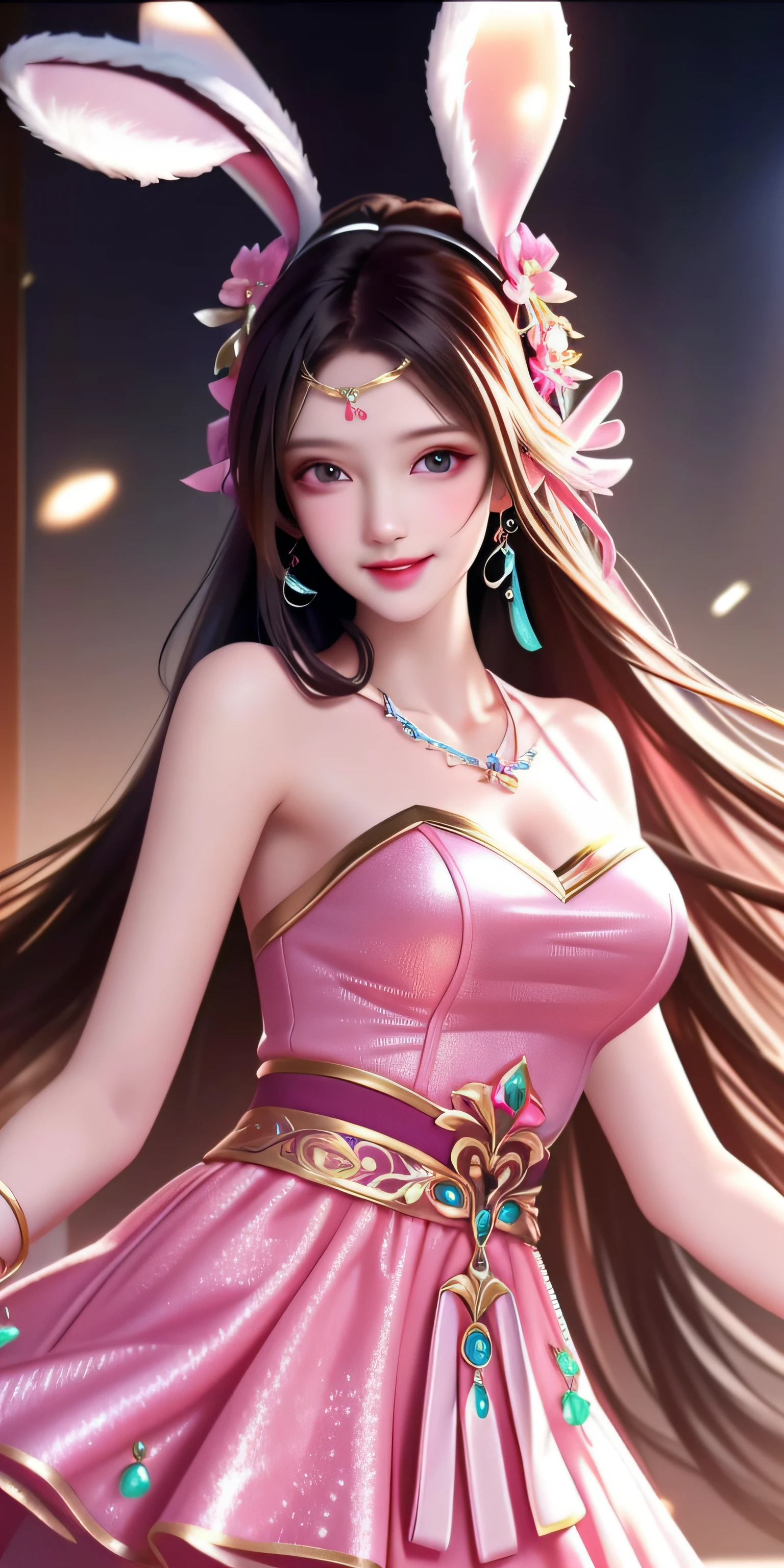 Best Quality, masutepiece, High resolution, 1girl in, clear pink silk porcelain dress, Beautiful face, pink rabbit ear ,Hair Accessories, gaze at the audience, Smiling, closes mouth, Lips,Pink dress, Hair Accessories, Necklaces, Jewelry, Long hair, earrings, On the body, Tindall Effect, Realism, Dark Studio, Edge lighting, Two-tone lighting, (High Detail Skin: 1.2), 8K UHD, Digital SLR, Soft light, High quality, Volumetric lighting, Photo, high-definition4K, 8K, Blurred background