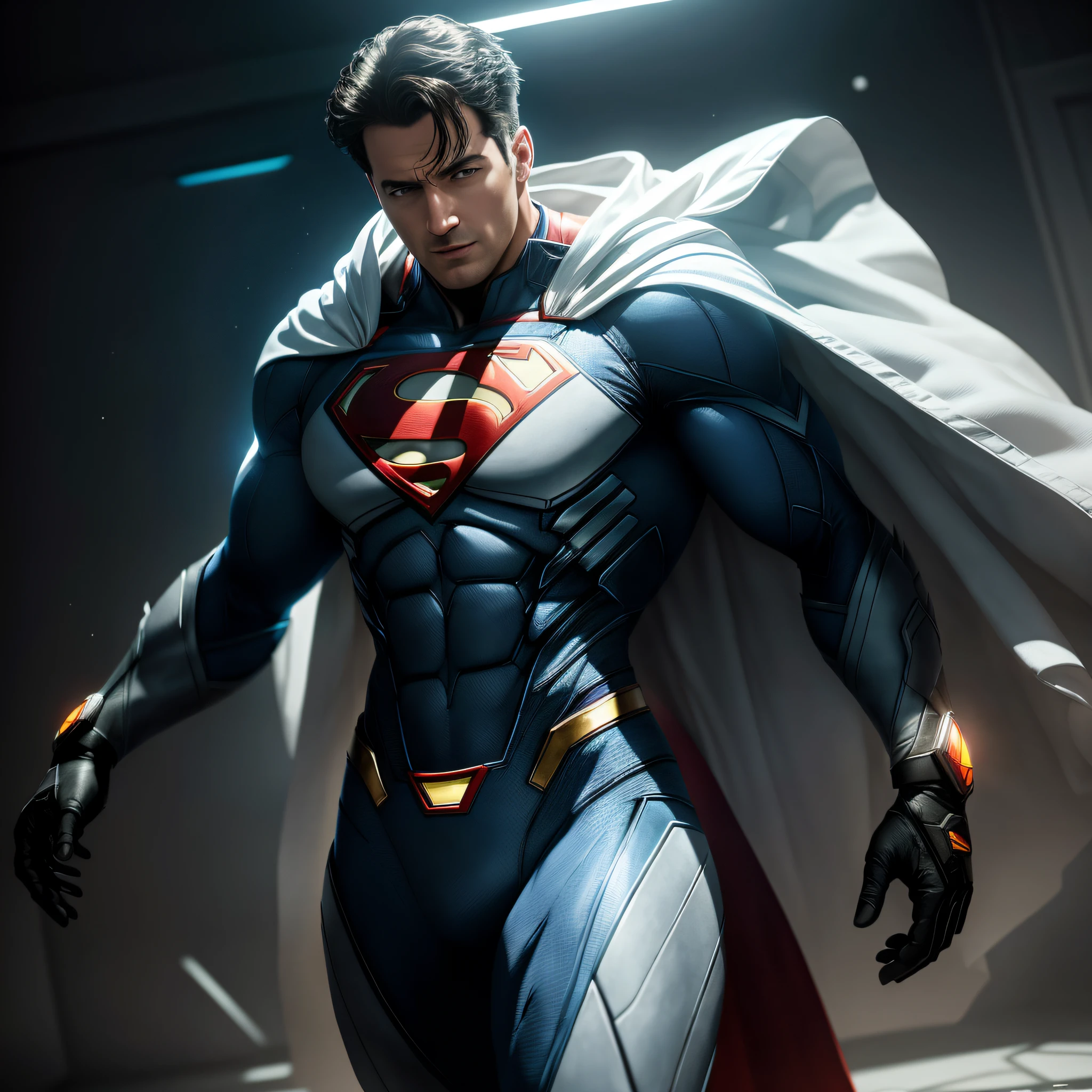 Arafed Superman em um terno com uma capa e olhos brilhantes, pose do super-homem, Super-homem, Ross Tran 8 K, renderizado em corona, obra-prima artstation, trending on ArtStation:3, Artista CG, Trending in ArtStation 4K, Traje do Superman, renderizado em 4K, Barclay Shaw 8K Fotorrealista, damian kryzwonos, Cinematic Shot!