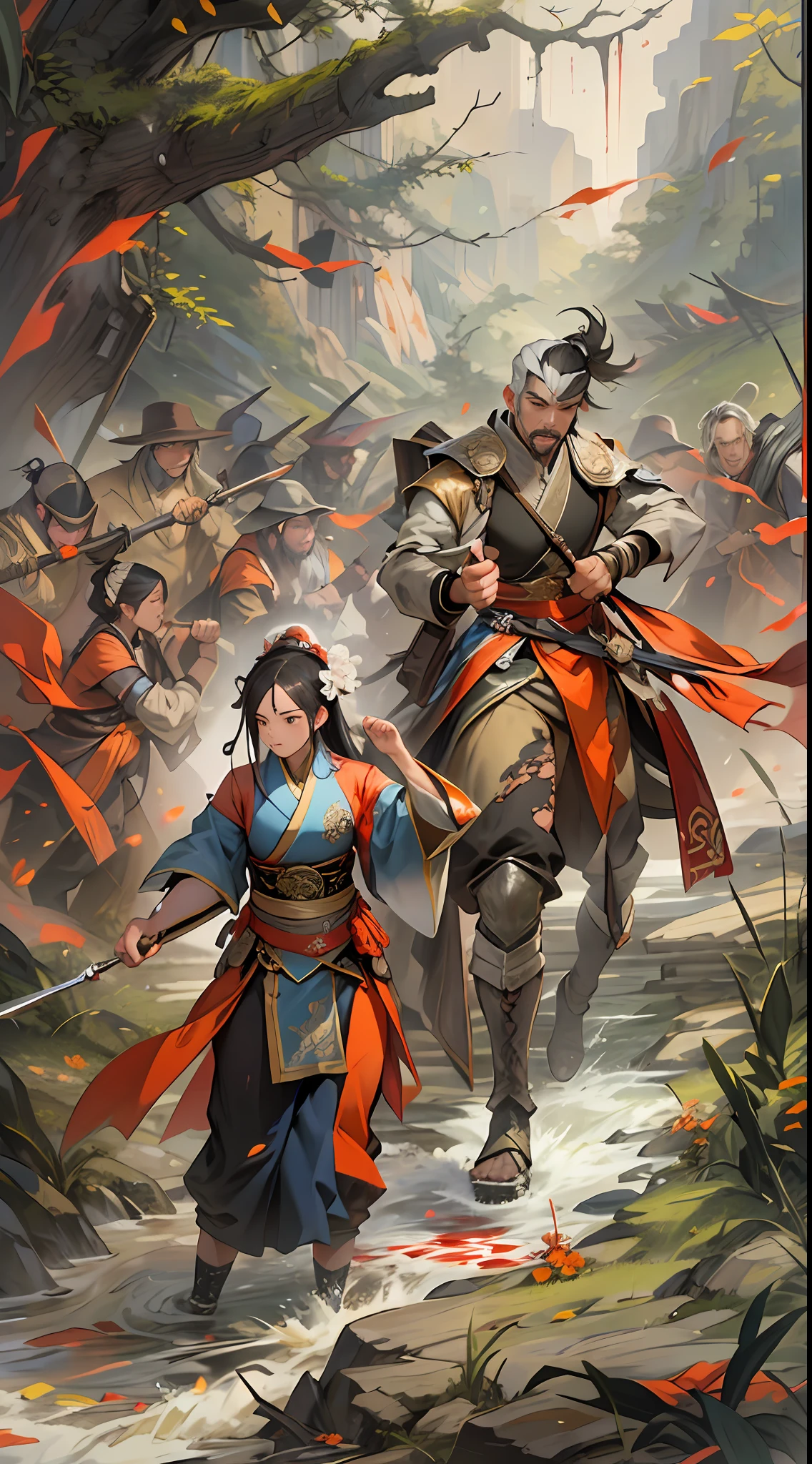 Qiong Xiong suggests giving up peace talks and retreating to claim the exclusive spirit spring, but Yuan Jie refuses this proposal. They argue fiercely on the battlefield, with serious expressions and determined eyes, a war-torn battlefield and flowing blood in the background, , 32k, best quality, masterpiece, super detail, high details,