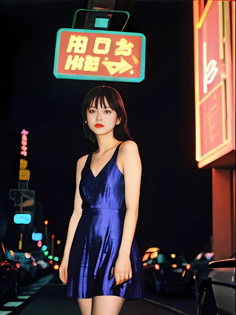 masterpiece, best quality,film grain, high saturation, 90s flash photo, 35 mm, cinematic, scenery,night,light_of,neon lights, neon trim,disco, 1 girl, lame dress