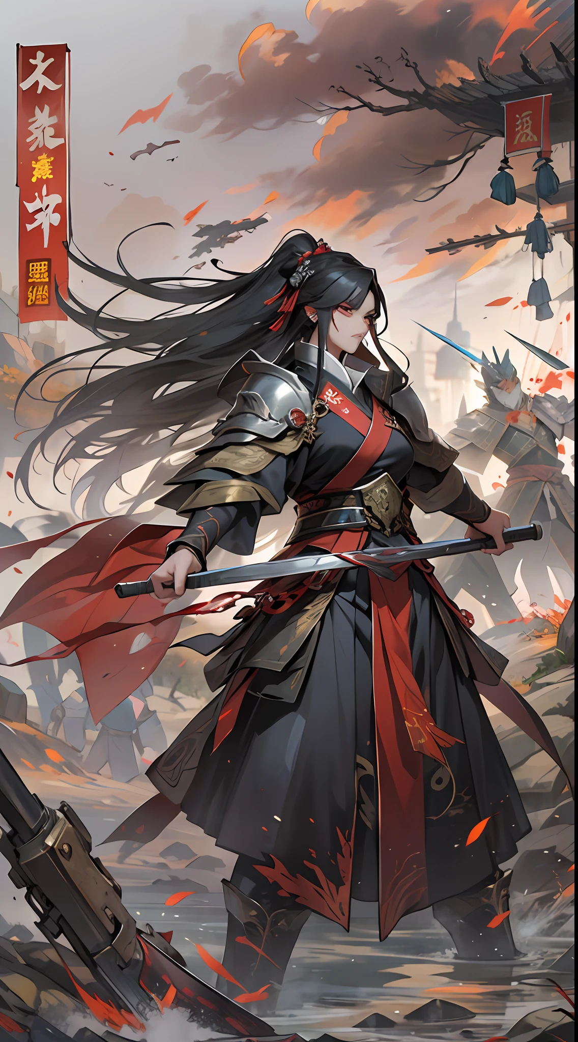 Qiong Xiong suggests giving up peace talks and retreating to claim the exclusive spirit spring, but Yuan Jie refuses this proposal. They argue fiercely on the battlefield, with serious expressions and determined eyes, a war-torn battlefield and flowing blood in the background, , 32k, best quality, masterpiece, super detail, high details,