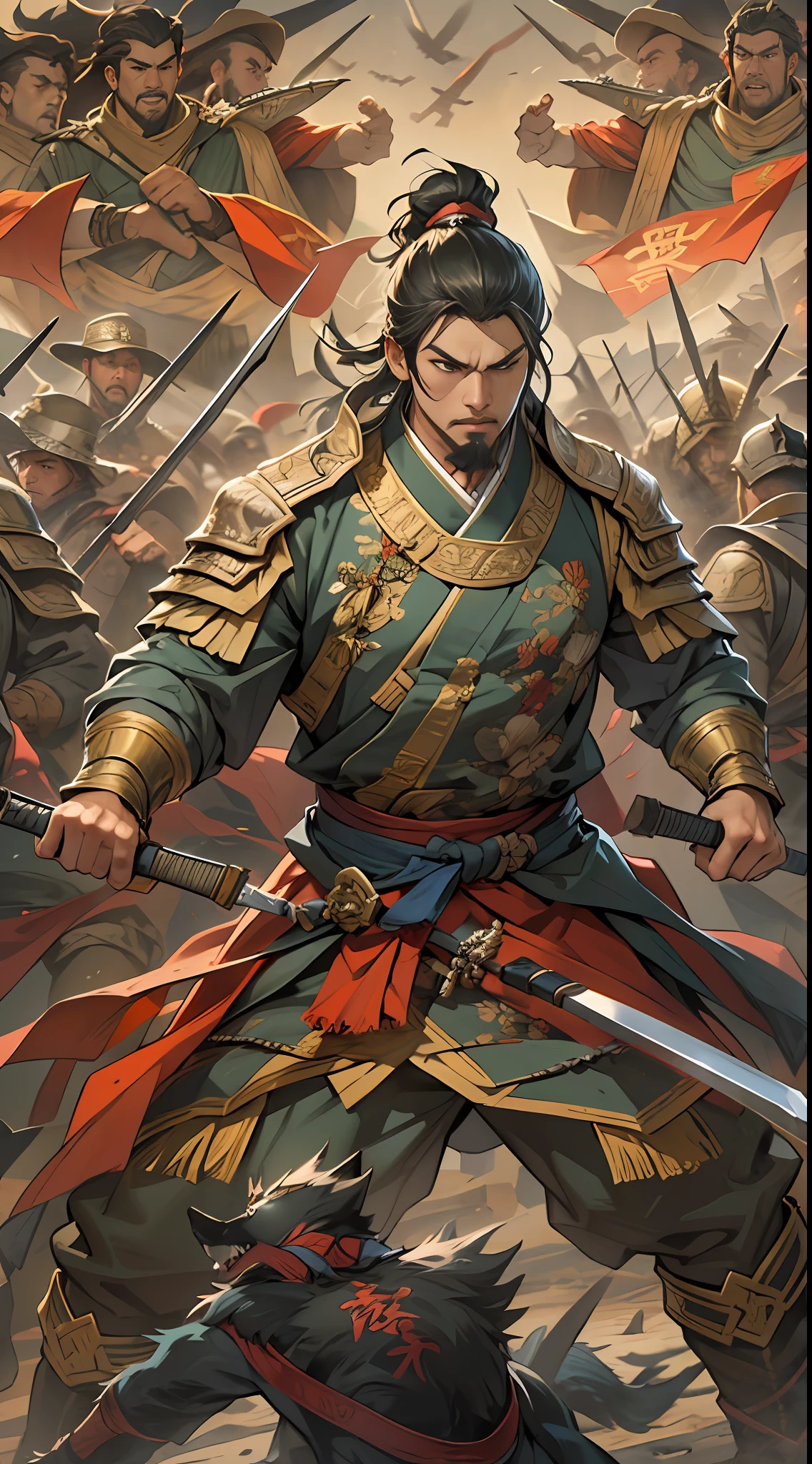 A fierce battle is about to break out between the two sides, with Li Gu standing on a high ground, wielding his weapon, soldiers of various ranks following closely behind, waiting for Li Gu's command, tense atmosphere on the battlefield, , 32k, best quality, masterpiece, super detail, high details,