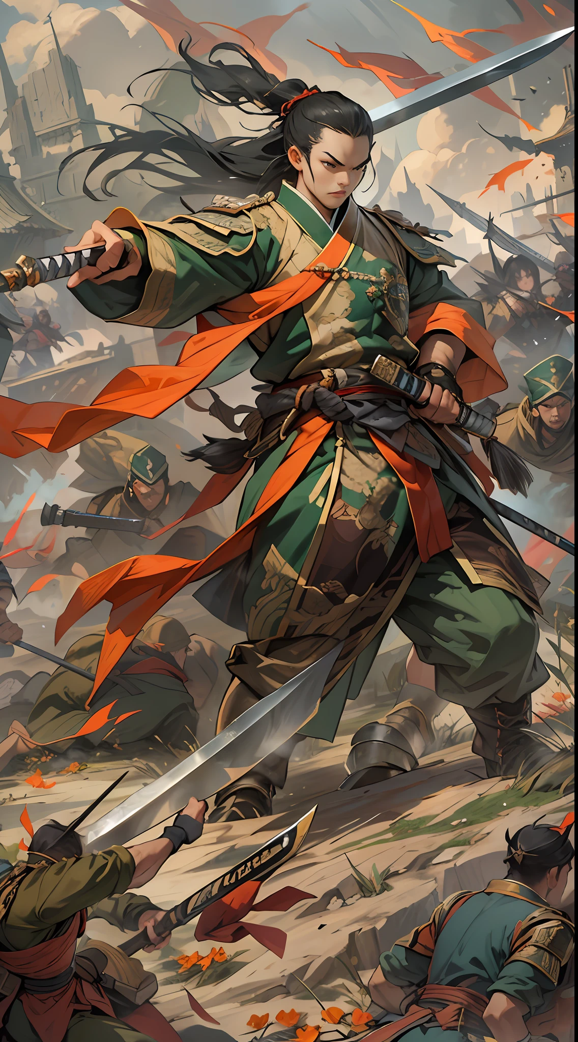 A fierce battle is about to break out between the two sides, with Li Gu standing on a high ground, wielding his weapon, soldiers of various ranks following closely behind, waiting for Li Gu's command, tense atmosphere on the battlefield, , 32k, best quality, masterpiece, super detail, high details,