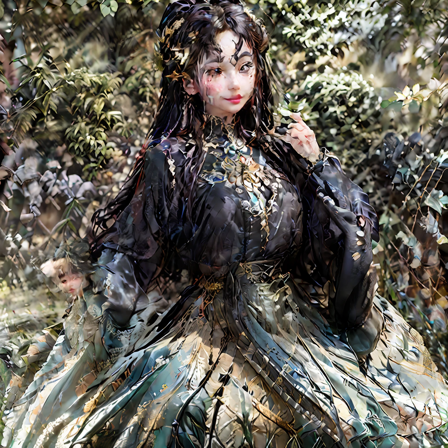 (realistic skin textures+Detailed sharp scales+rich colourful)Close-up of the black dragon,Blue eyes sparkle,Cute gold dress,Surrounded by butterflies like Disney princesses,Seems to be smiling,Blend in with fantasy art。 --auto